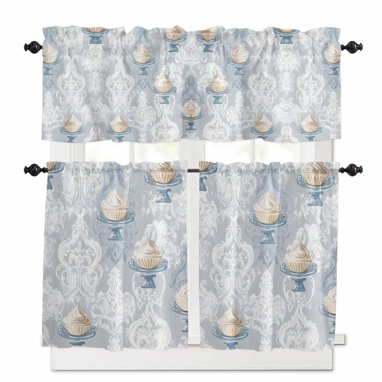 Vintage Dessert Floral Kitchen Curtains 36 Inch Length, 3 Piece Rod Pocket Small Half Tiers and Valance Set, White Blue Flowers Small Large Window Treatment Decor for Bedroom/Bathroom Sink