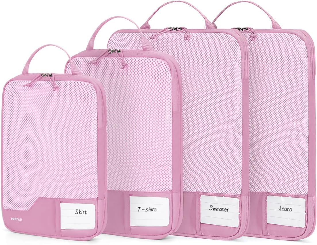 ECOHUB 4pcs Compression Packing Cubes, Suitcases Organiser Bag with Tag, Recycled Travel Bags Organiser for Backpack, Tear-resistant Packing Organiser for Carry On Luggage, Pink (Patent Pending)