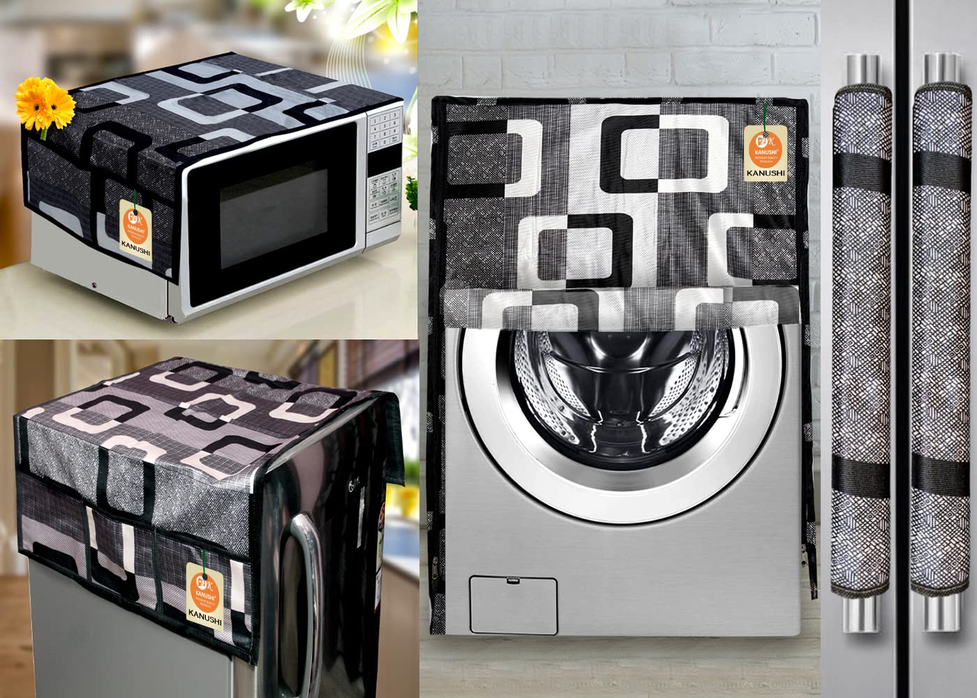 KANUSHI Industries® Front Load Washing Machine Cover+1pc Fridge/Refrigerator Cover+1 pc Microwave Cover+2 pc Handle Cover(W.M-Front+FRI+Micro+2-HDL-Black-Box)