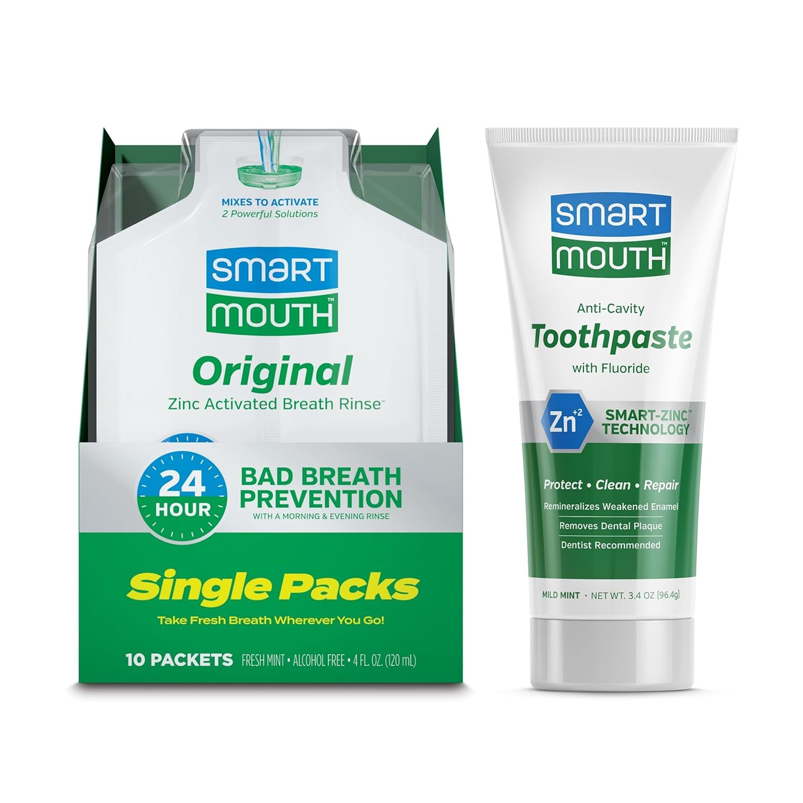 TSA Approved Travel Toothpaste & Oral Rinse - SmartMouth Original Activated Oral Rinse Packs & Travel Size Premium Toothpaste, 3.4 Ounce