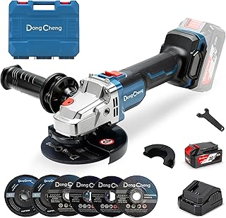 DongCheng Amoladora angular a batería 20 V 125 mm, motor sin escobillas, cubierta de liberación rápida, empuñadura antivibración, 2 discos abrasivos, 2 discos de corte, batería de 4,0 Ah.