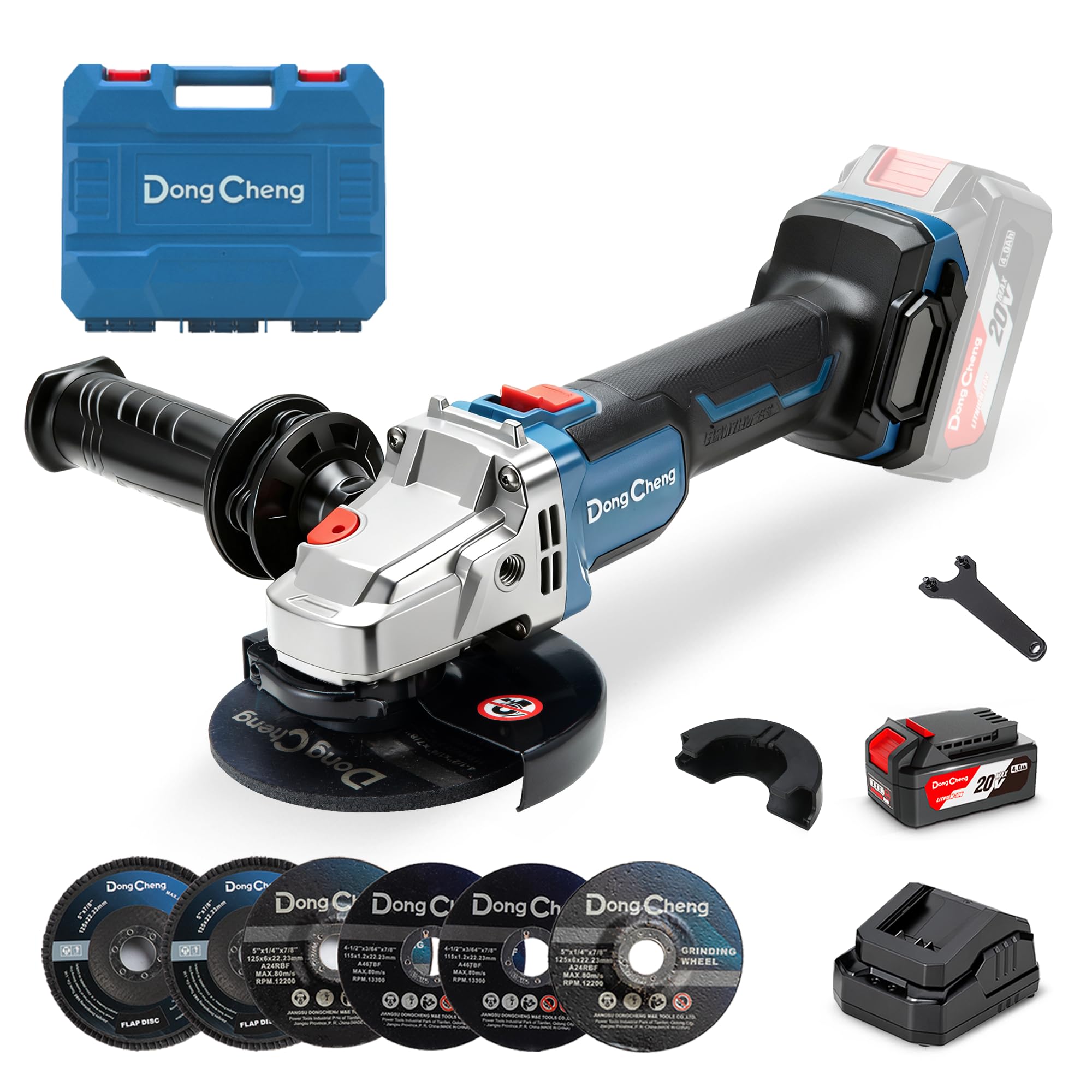 DongCheng Smerigliatrice angolare a batteria 20V 125mm, Motore Brushless da 630 W, copertura a sgancio rapido, impugnatura antivibrante, 2 dischi abrasivi, 2 dischi da taglio, batteria da 4,0 Ah
