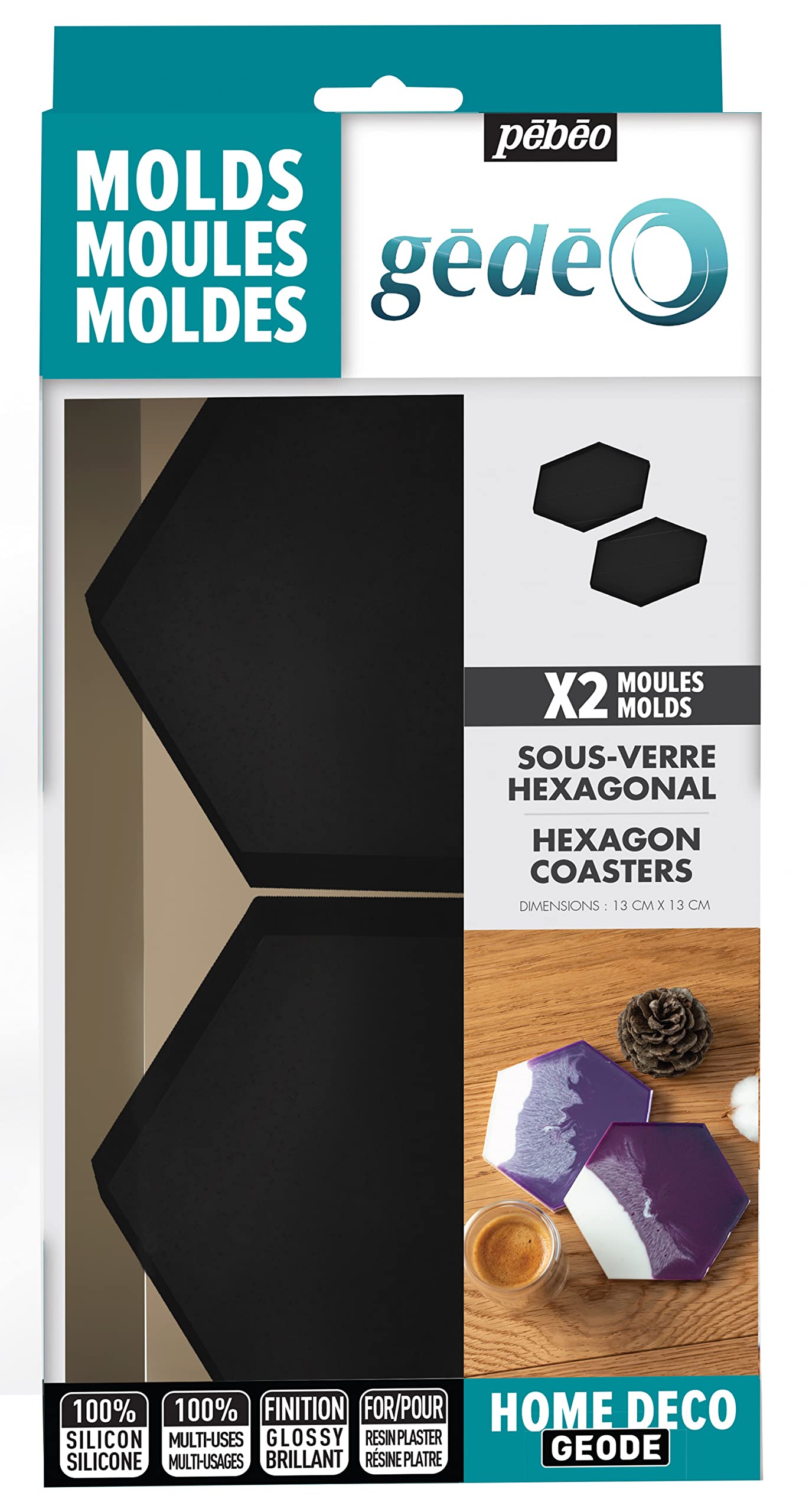 Pebeo - Set of 2 Hexagonal Resin Silicone Moulds - Epoxy Resin Moulds for Coasters and Underglasses - Hexagonal Shape - 12 x 12cm
