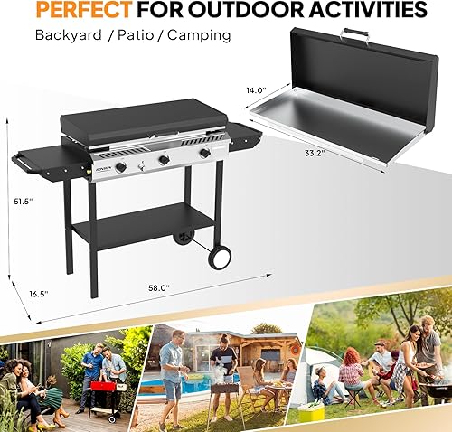 Miniatura 6 de ROVSUN Estufa de gas propano para exteriores de 3 quemadores con plancha, encendido y estantes laterales, potente estufa de gas de 225,000 BTU,