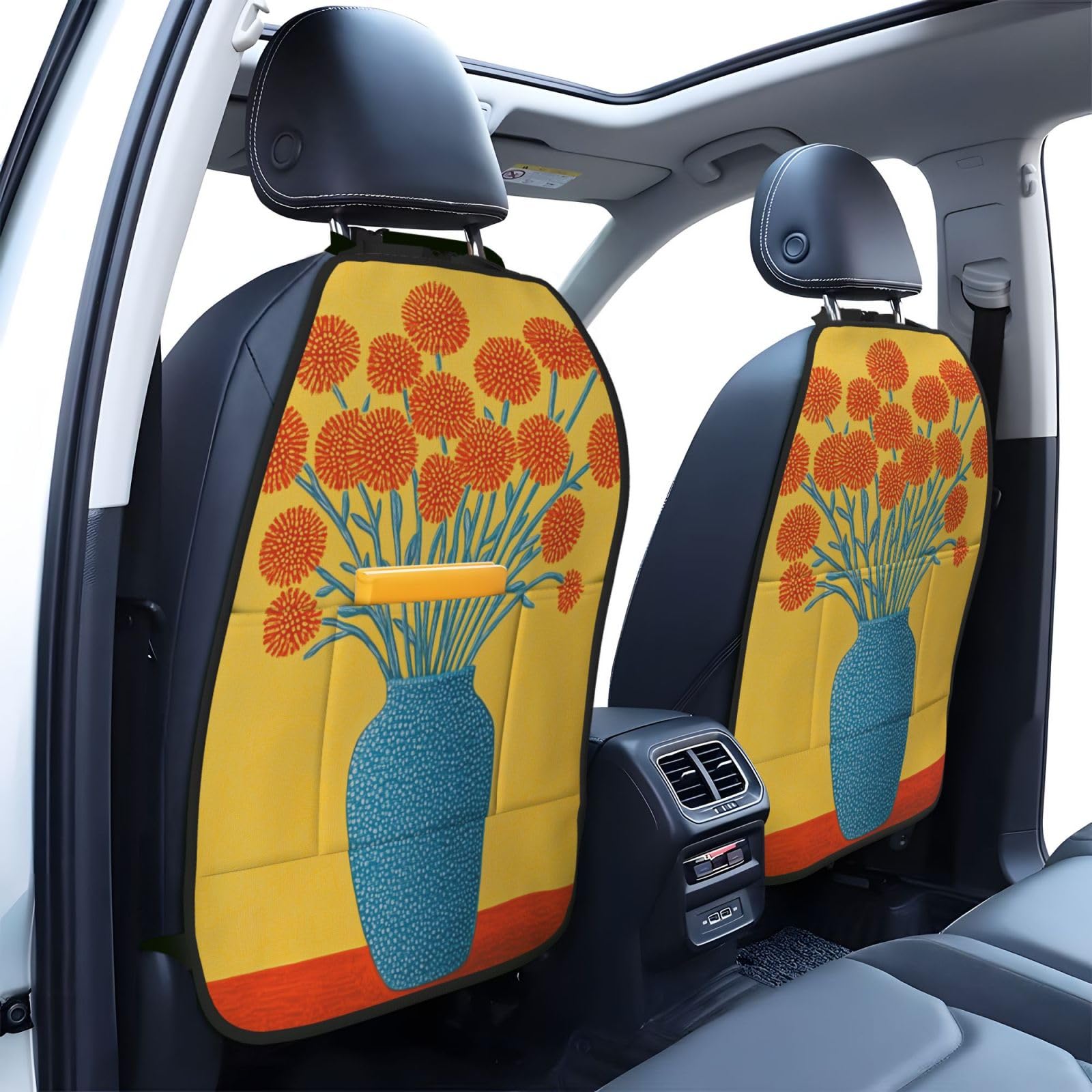 Abstract Orange Flowers In Moon Ja Car Seat Back Kick Protectors,2 Pack Kick Mats With Storage Pockets For Vehicles To Protect From Dirt Mud Scratches