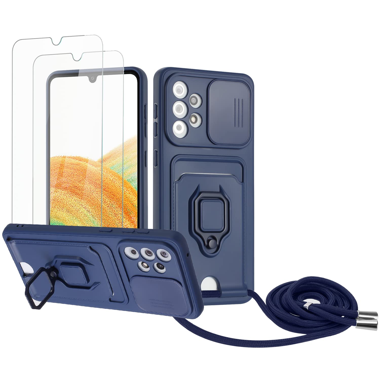 Zallagre Funda con Cuerda Compatible con Redmi Note 13 Pro 5G,[2 Packs Cristal Templado],Ranura para Tarjetas,Cubierta de Cámara Deslizante Proteger,360 Anillo Soporte-Morado — view 112