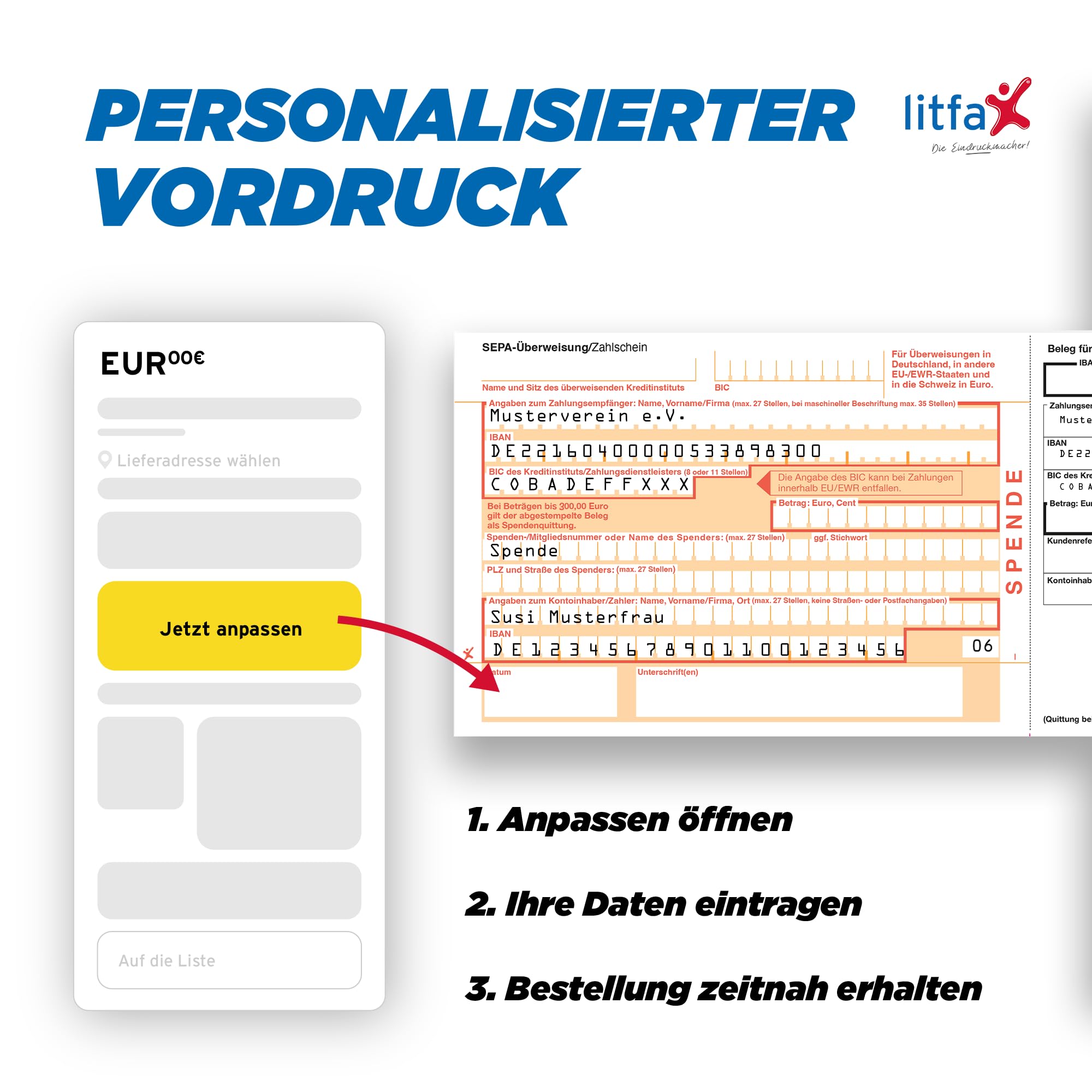 Litfax SEPA Spendenzahlscheine mit personalisiertem Spendenvordruck, 1000 Stück - DIN A6, 2-fach mit Durchschlag, Leicht zu trennen, selbstdurchschreibend - Bankneutral in Deutschland
