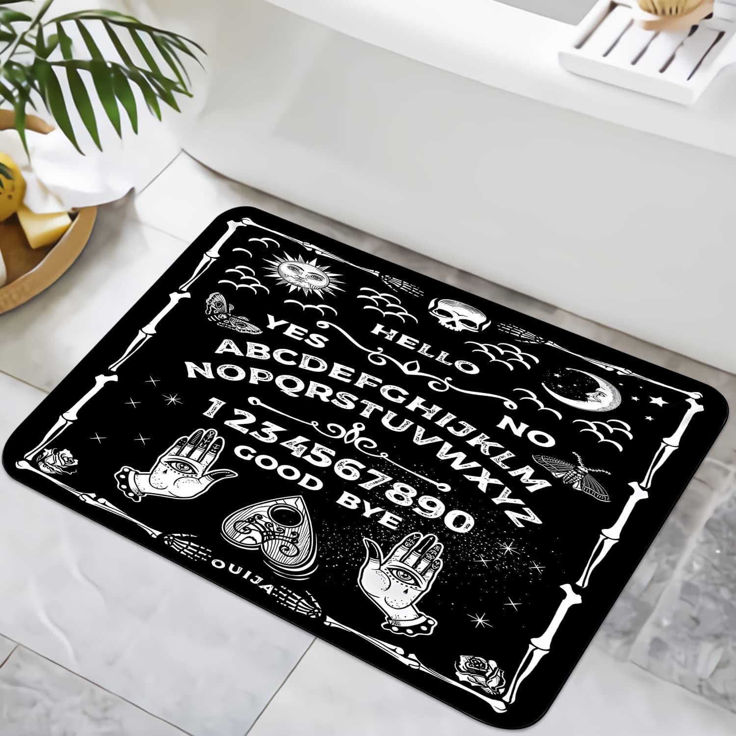 SXCHEN Ouija Board Bathroom Rug,Absorbent Non-Slip Gothic Indoor Rugs for Bathtub and Shower Floor, Tarot Skull Print Bath Mat,16" x 24",Sun Moon Letter Digital Black Doormat