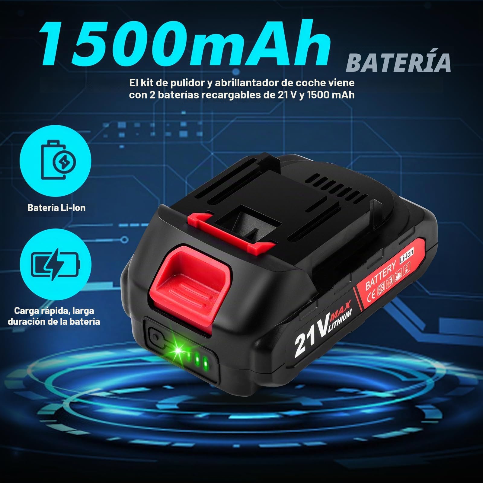 Pulidora Inalámbrica 21V, Máquina de Pulir y Encerar Coches, 6 Velocidades Variables Pulir de 5500 RPM, Pulidora para Encerar y Eliminar Arañazos del Coche, con 2 Baterías y Accesorios