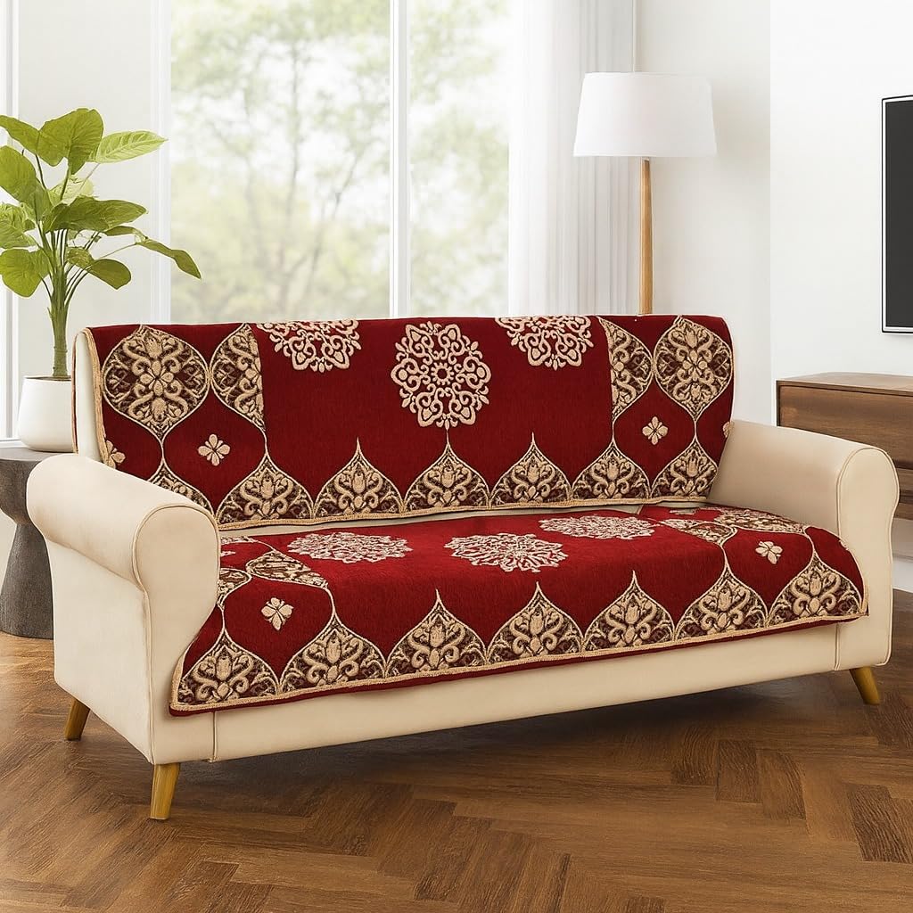 Premium Velvet Flower Print 3 Seater Sofa Cover 26 x70 inches | Slipcover / 3 Seater Sofa Cover / 1 Back & 1 Seat Cover/Couch Protector/Washable | Reactangular (Maroon)-picture-20