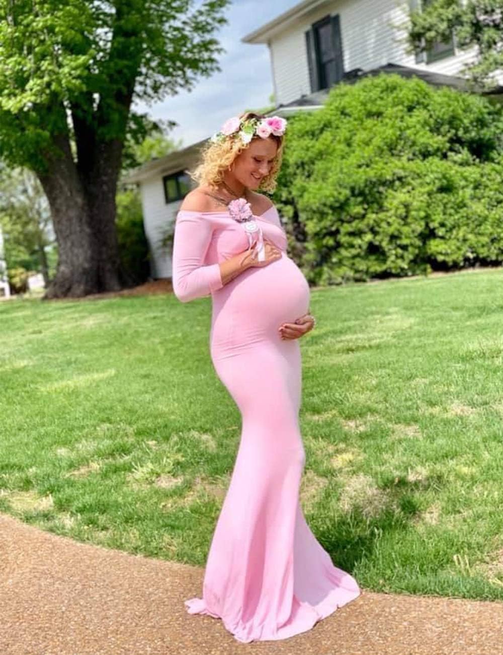 JustVH Maternity Elegant Fitted Maternity Gown Long Sleeve Cross-Front V Neck Slim Fit Maxi Photography Dress for Photoshoot