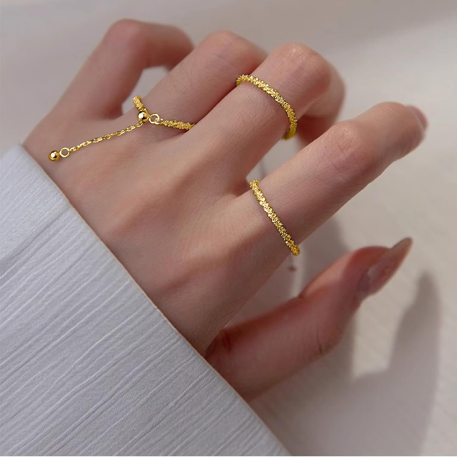 925 Sterling Silver Link Chain Fidget Rings with Dangle Bead Star for Women 14k Gold Plated Adjustable Sparkling Twist Rope Ring Stackable Line Finger Ring Jewelry Christmas Gifts for Mom