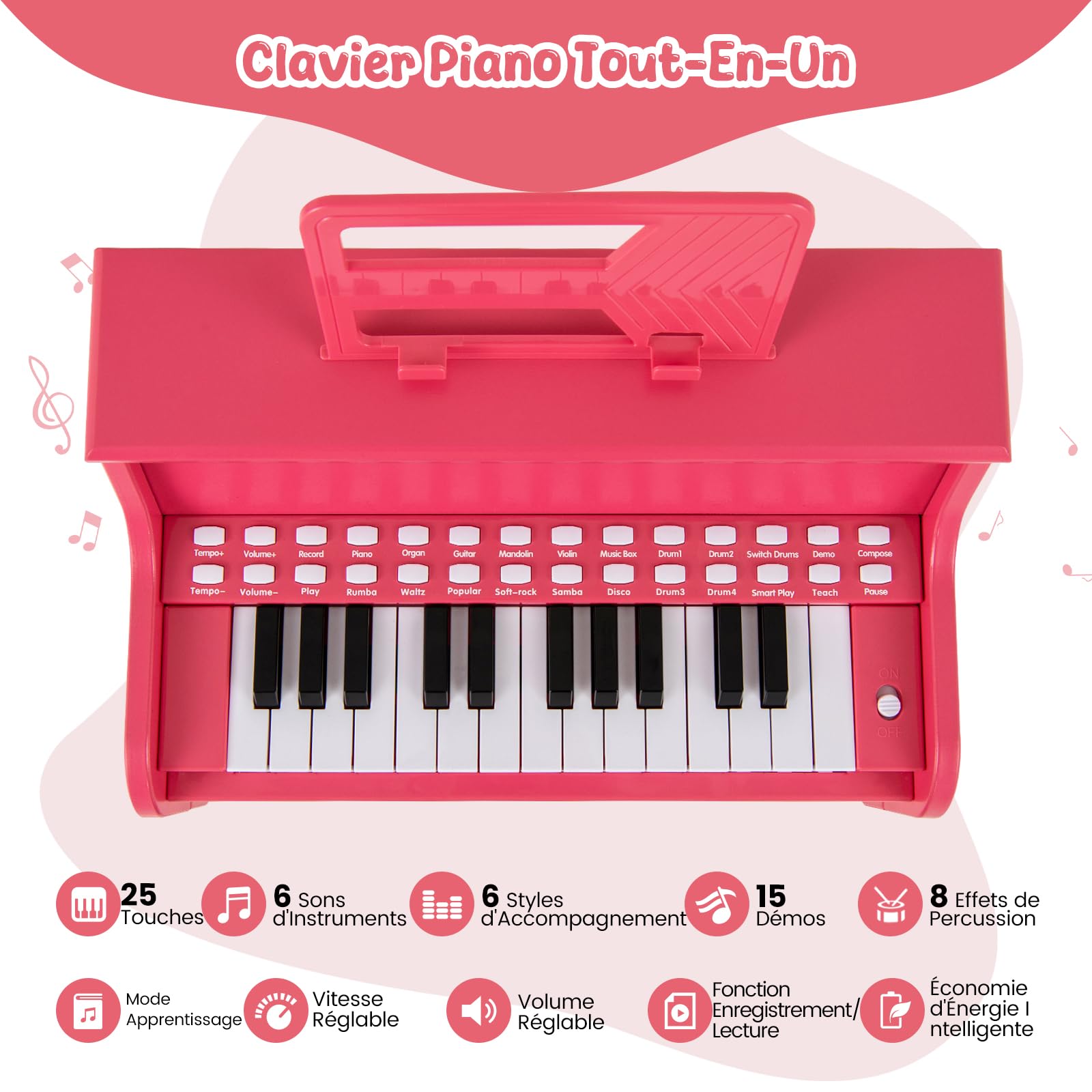 DREAMADE Clavier de Piano 25 Touches pour Enfants, Mini Piano Numérique avec Tabouret, Vitesse et Volume Réglables, Mode d'Enseignement, Pupitre Amovible (Rose)