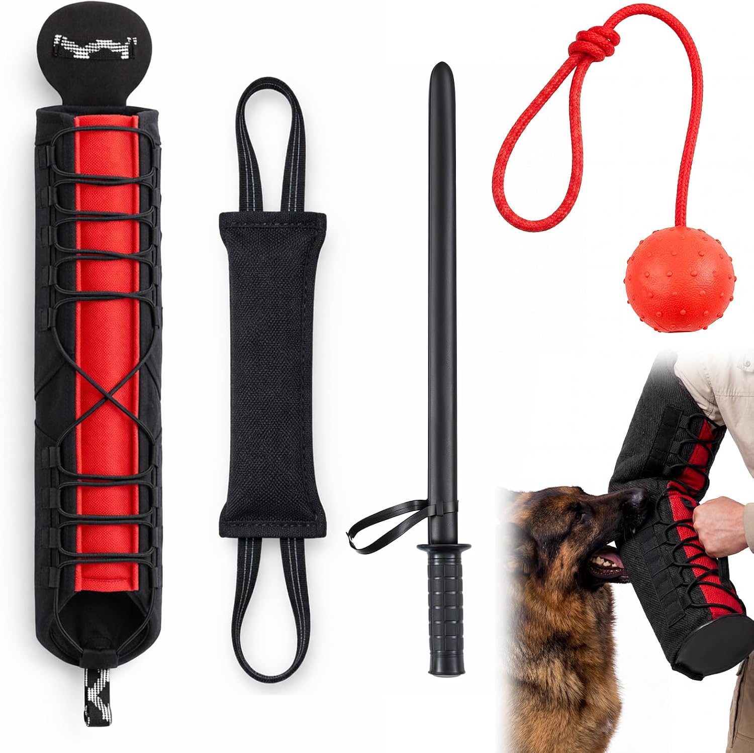 4 Pcs Dog Training Kit with Tug Sleeve, Tug Toy, Training Stick & Rubber Ball on Rope, Large Dog Interactive Equipment for K9 Puppies & Large Breeds Biting Fetch Play