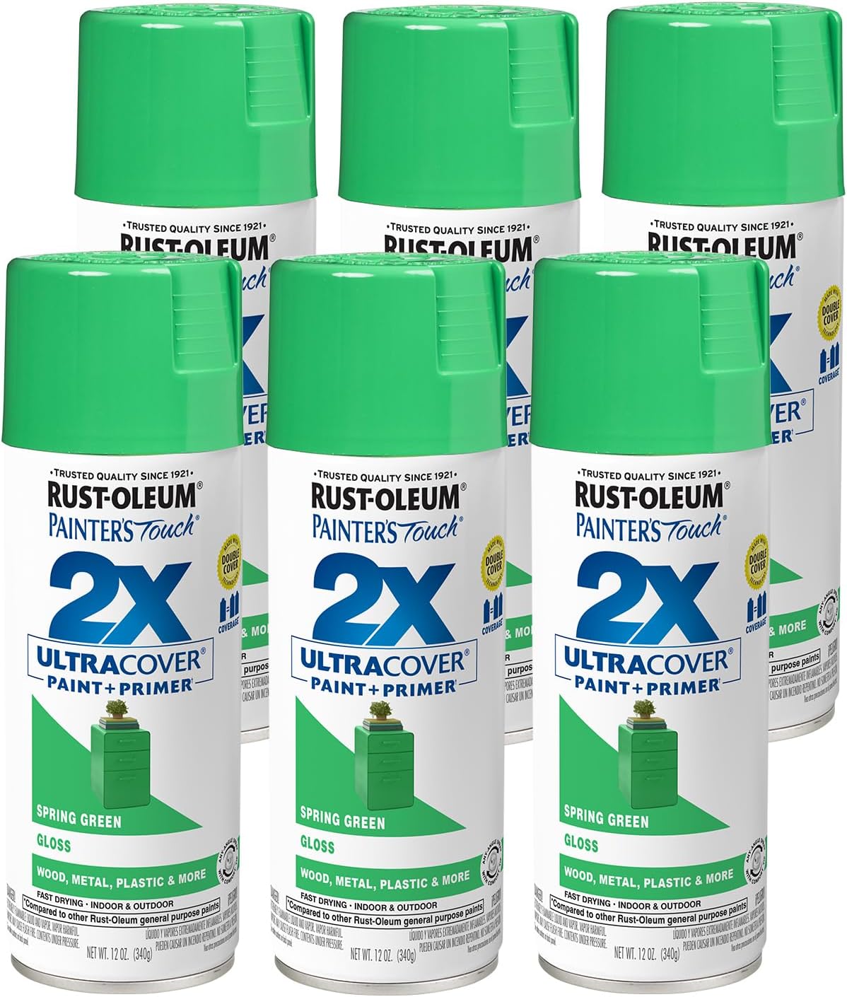 Rust-Oleum 334055-6PK Painter's Touch 2X Ultra Cover Spray Paint, 12 oz, Gloss Spring Green, 6 Pack