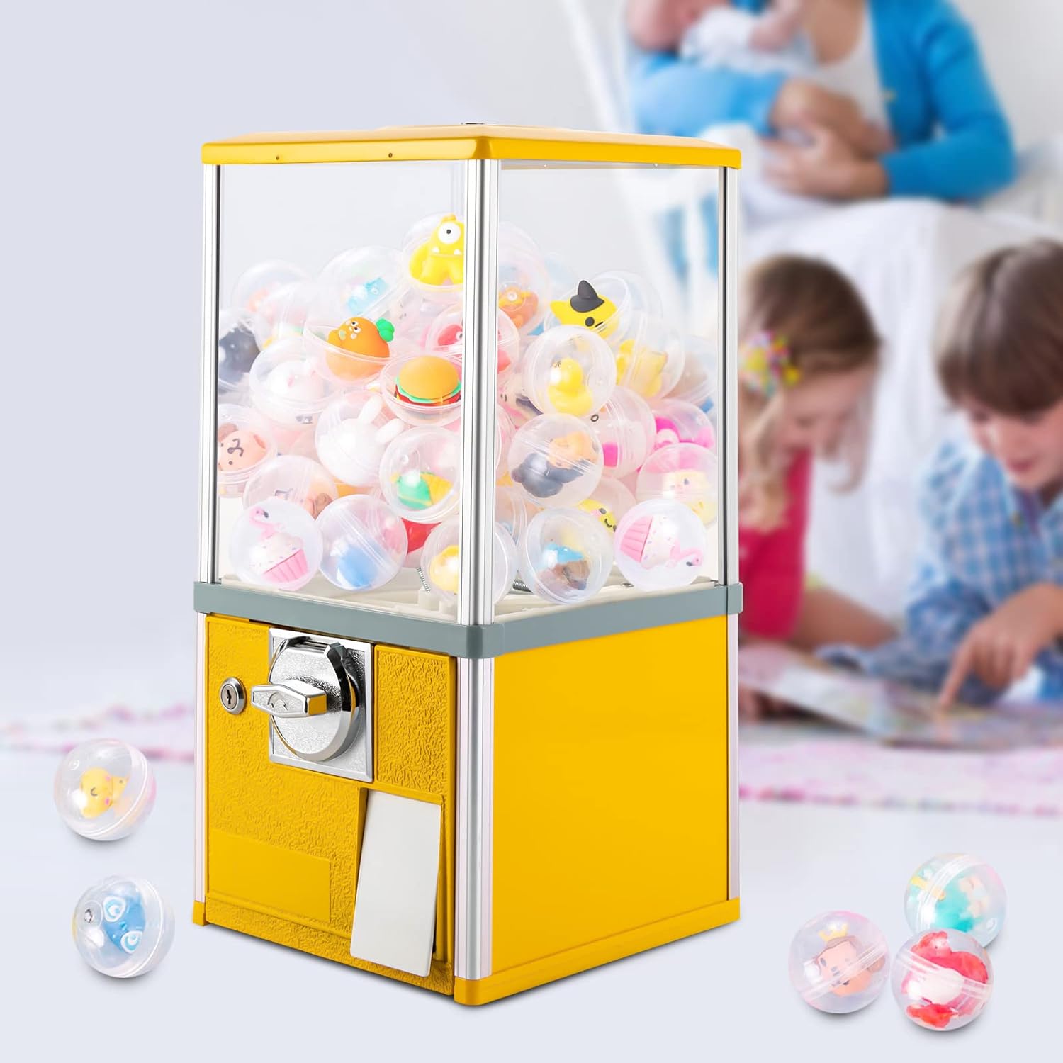 Vending Machine 20" Commercial Gumball Machine 1.77-1.97in Capsule Vending Candy Gumball Machine Large Load Capacity Gumball Bank Vending Machines w/Key for Kids Party Favor Prize (Yellow)