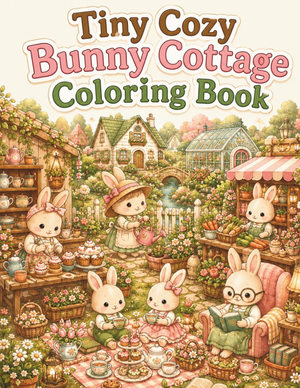 Tiny Cozy Bunny Cottage Coloring Book: Cute and Easy Bunny Coloring Pages with Cozy Cottages, Flower Gardens, Tea Parties, Baking Moments and Relaxing Cottagecore Scenes for Adults and Teens