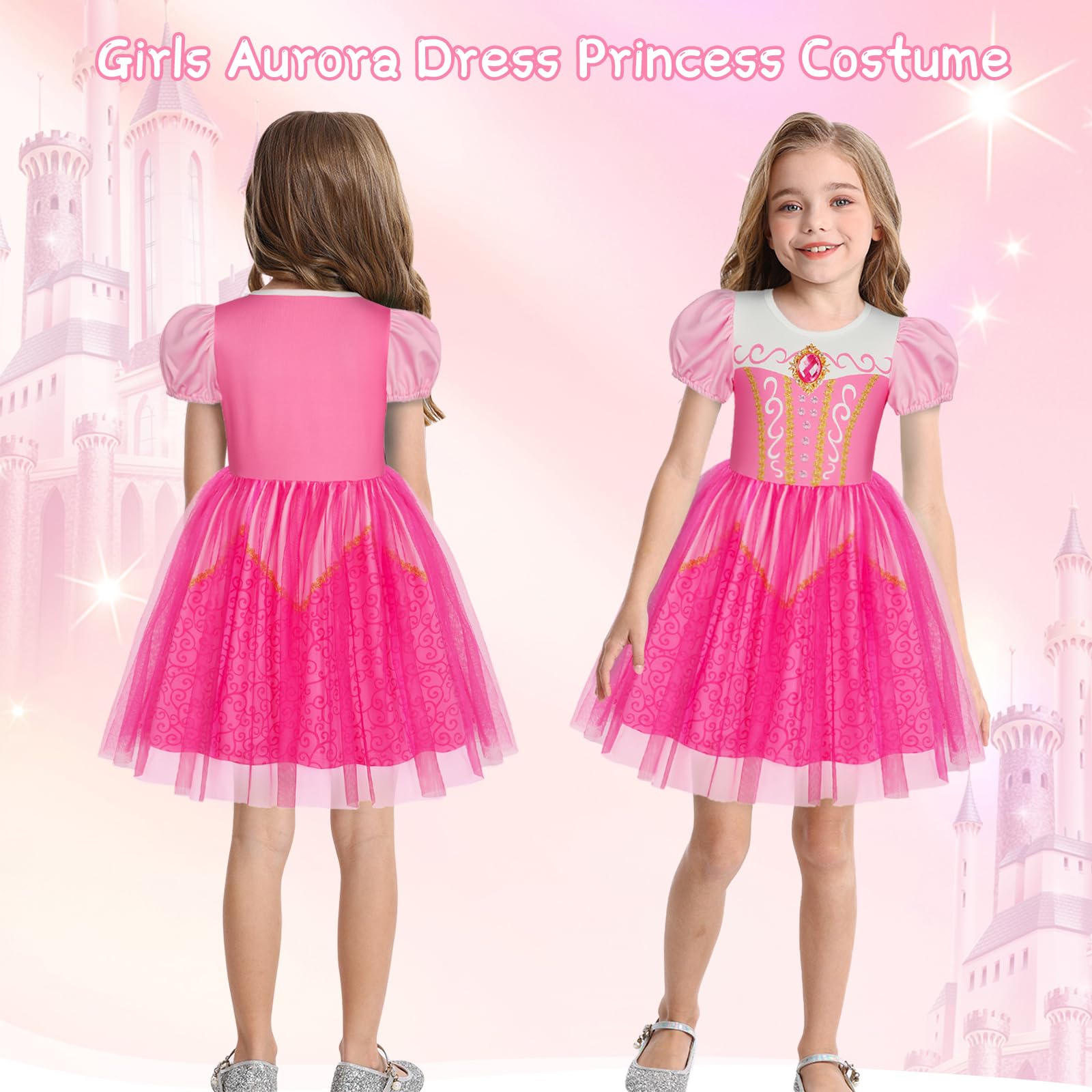 Berich Pink Dress Kids Clothing Princess Costumes for Girls Halloween Outfits Christmas Gifts World Book Day Costumes for Girls 2-3 Years(Pink,100) - Image 3