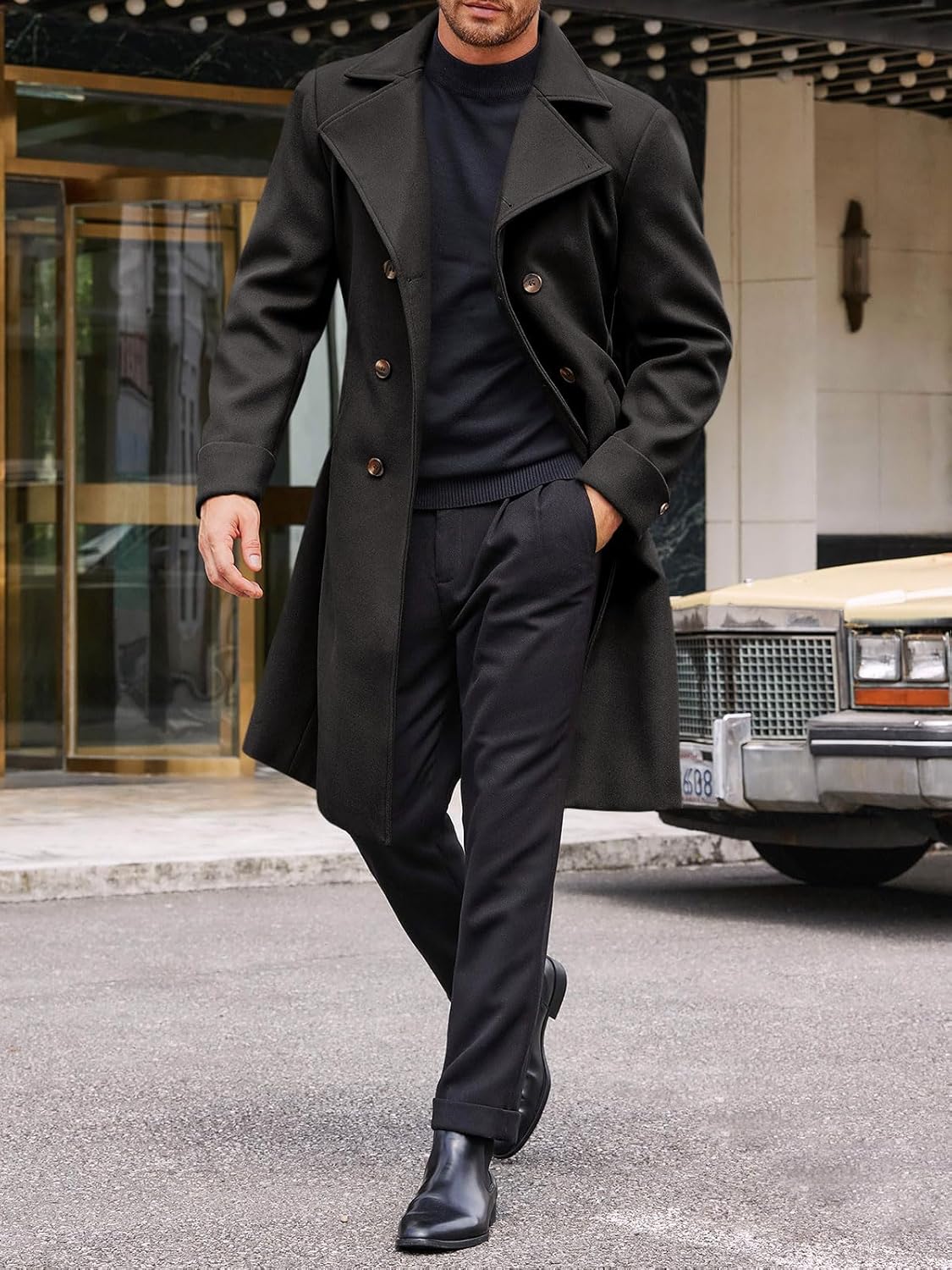 Runcati Mens Trench Coat Notch Lapel Double Breasted Belted Pea Coat Wool Blend Winter Warm Overcoat - Image 4