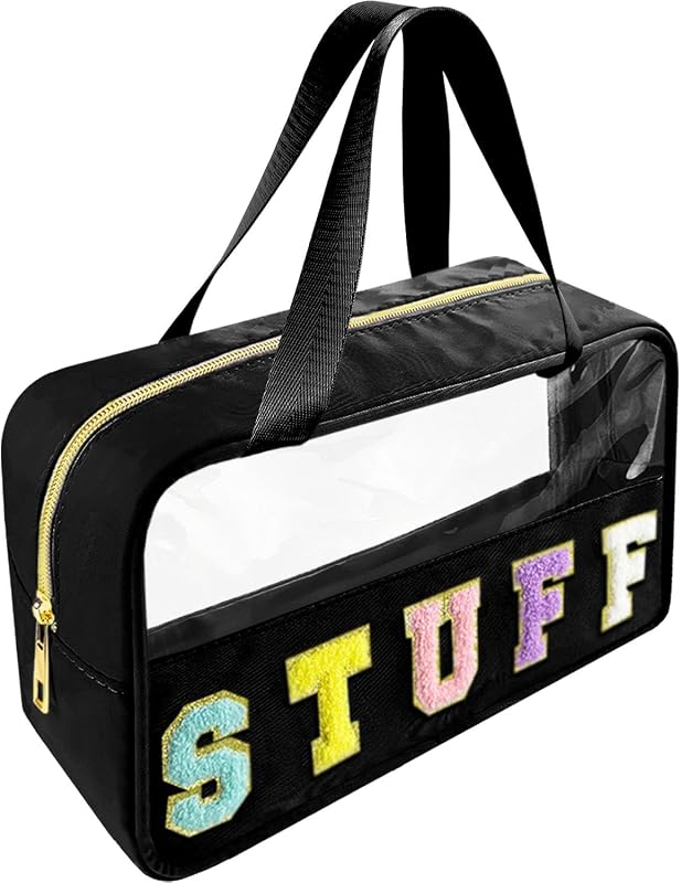 Necessaire transparente Bunliuys com estampa de letras STUFF, alça e zíper — preta