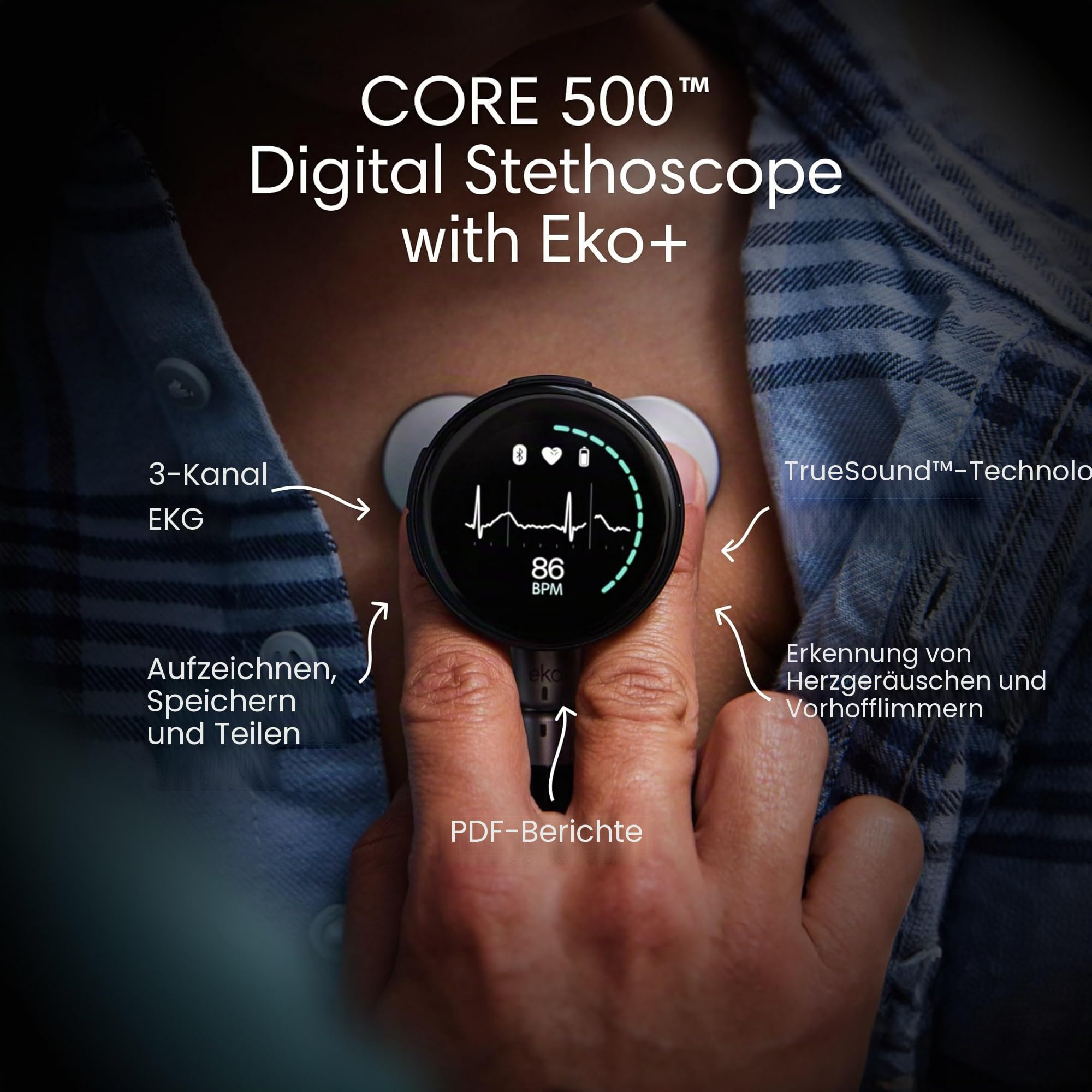 EKO CORE 500 Digitales Stethoskop, 40-Fache Verstärkung, Aktive Geräuschunterdrückung, 3-Draht-EKG, FDA-Zugelassen Mit , Vollfarbanzeige, Matt, Schwarz
