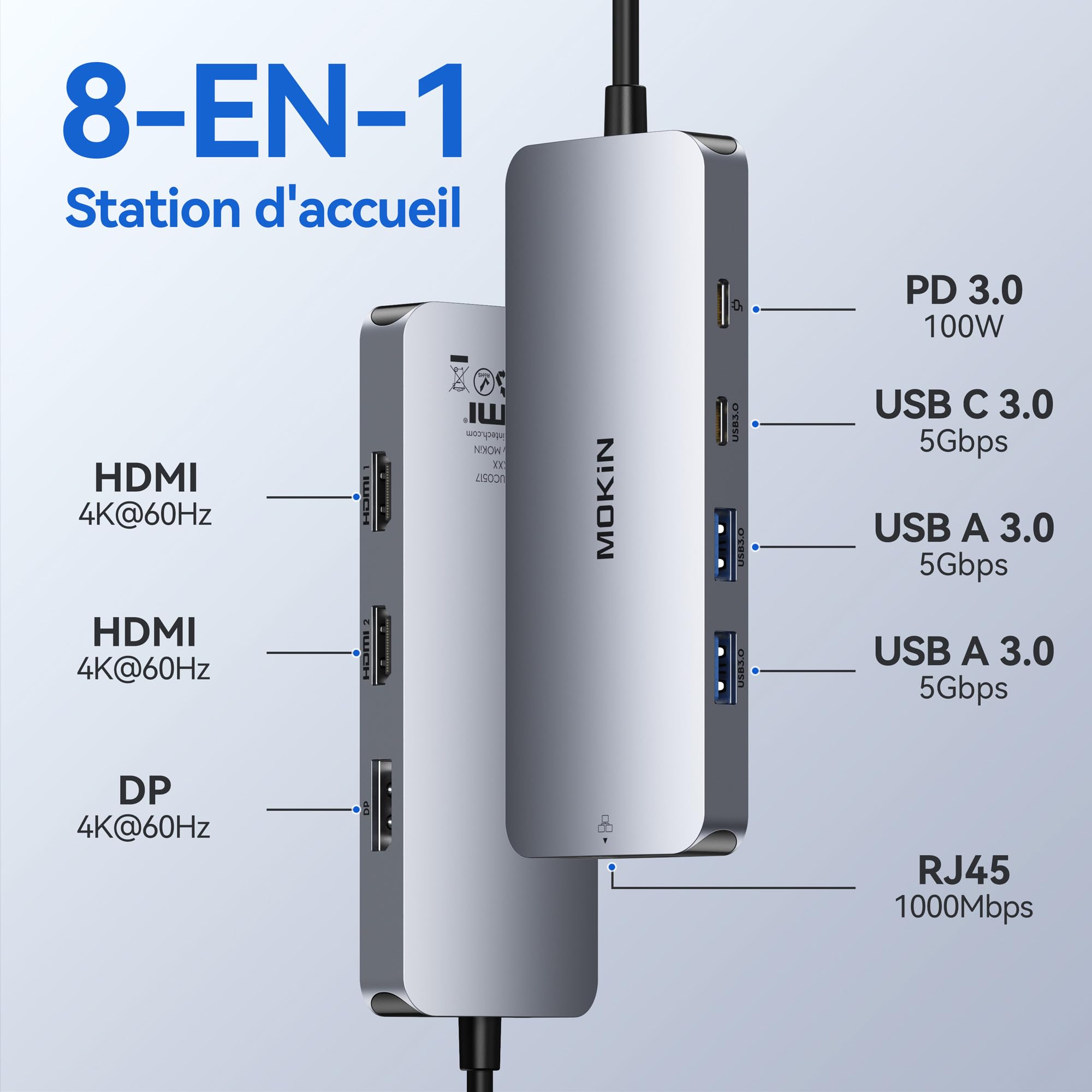 Station d'accueil USB C Dual HDMI, MOKiN 8 en 1 Docking Station pour 3 Moniteurs 4K, Dock USB C avec 2 HDMI et 1 DisplayPort, 1 Gbps Ethernet, Chargement 100W PD, 3 USB 3.0 Ports pour Dell, HP, Lenovo