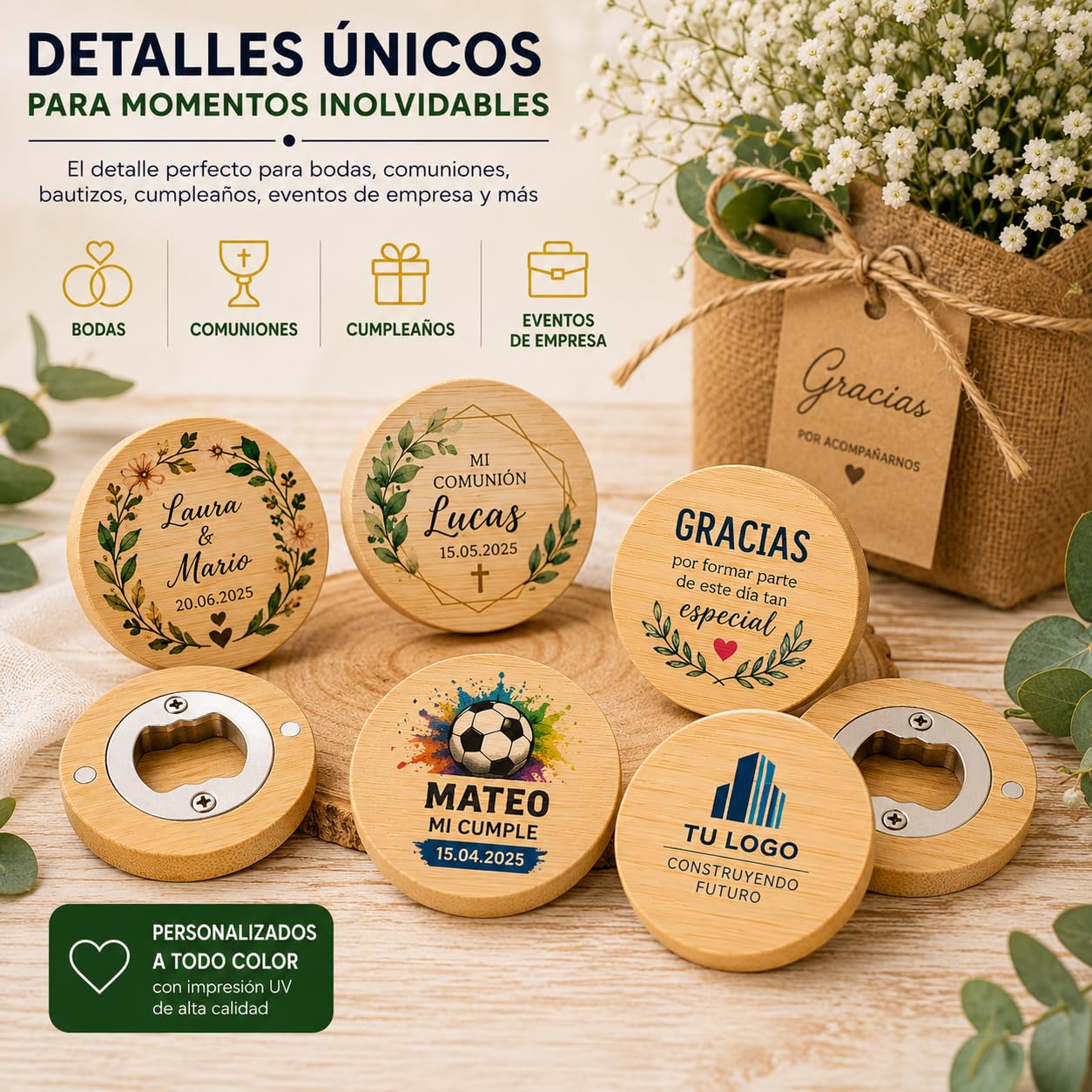 Pack 20 Abrebotellas Personalizado de Bambú con Impresión UV a Todo Color | Abridores Personalizados para Bodas, Comuniones y Eventos | Detalles de Boda Originales