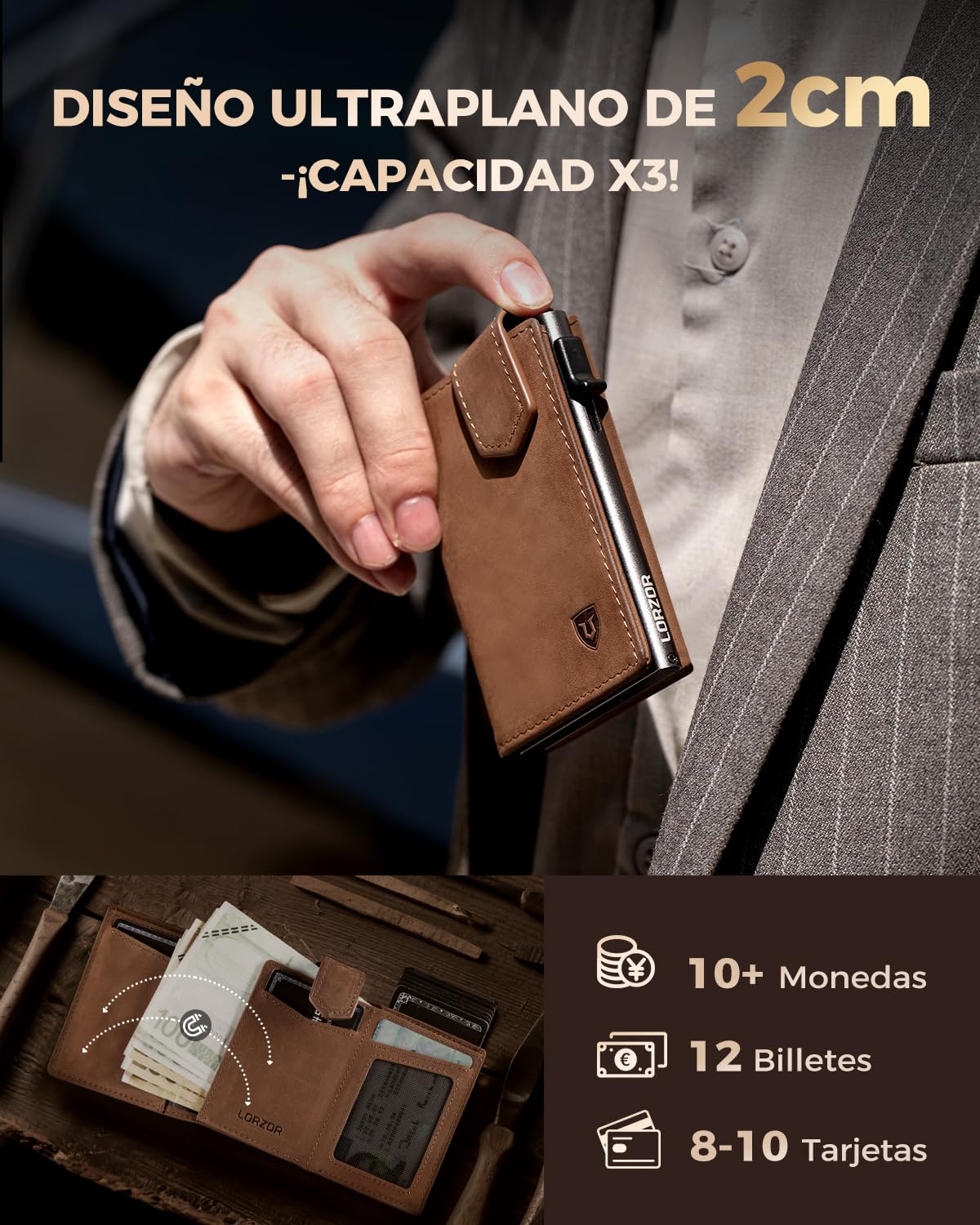 LORZOR Cartera Tarjetero Hombre con Monedero XXL, Carteras para Hombre Pequeñas con Cierre Magnético, Billetera Piel con Bloqueo RFID, Wallet Pop-up, Capacidad para 10 Tarjetas