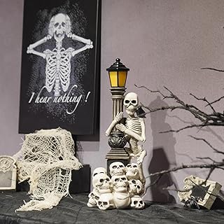Halloween Decorations Skeleton-Decor Figurine Lamps - Skeleton Light Halloween Decor Indoor Resin Skull Decor with LED Light Up by Battery Festive Farmhouse Decor 4.75*4.75*13 inch Newman House Studio