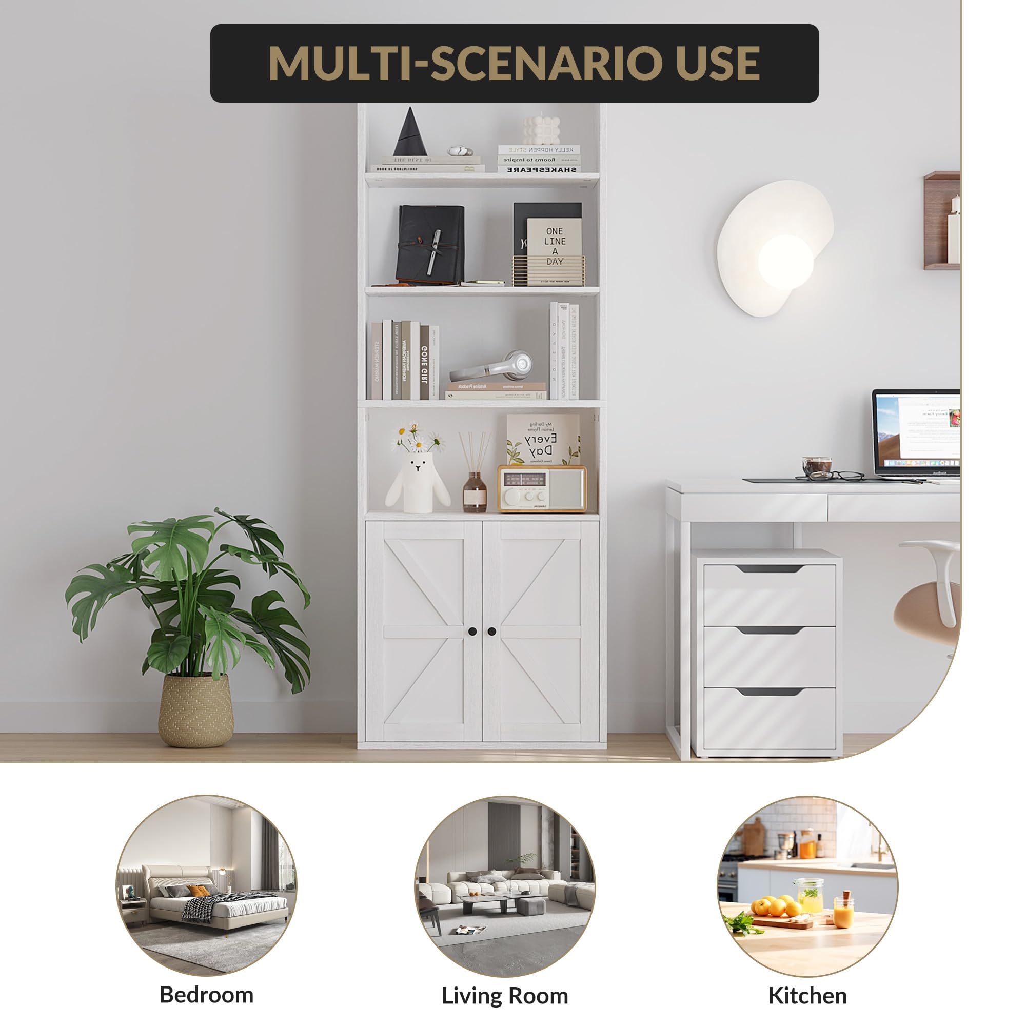 Librería Alta con Puertas de Estilo Granero, Estantería Rústica con 4 Niveles Abiertos y Armario, para Oficina, Estudio, Salón y Dormitorio, Blanco, 60x30x181cm