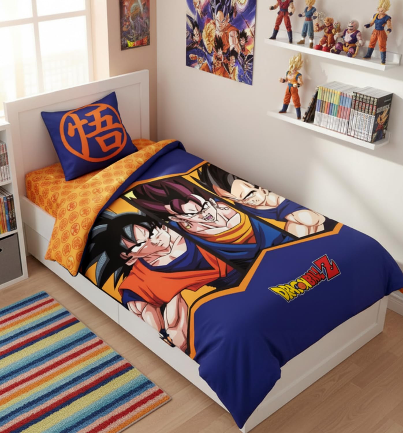 Parure de Lit Dragon Ball Z Bleue, 100% Coton, Housse de Couette Réversible 140x200 cm, Taie d'oreiller 63x63 cm, avec Goku et Vegeta. Textile Oeko-Tex. pour Lit 1 Personne