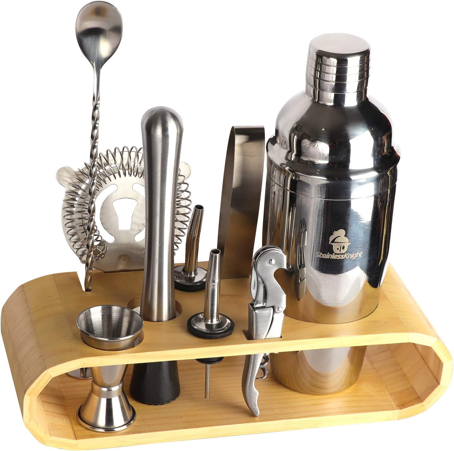 Stainless Knight Stainless Steel Cocktail Shaker Drink Maker | Includes Stirring Spoon, Measuring Jigger, Ice Tongs, Hand Mixer, Bottle Opener, Hawthorne Strainer, Stand,| Portable Bartend