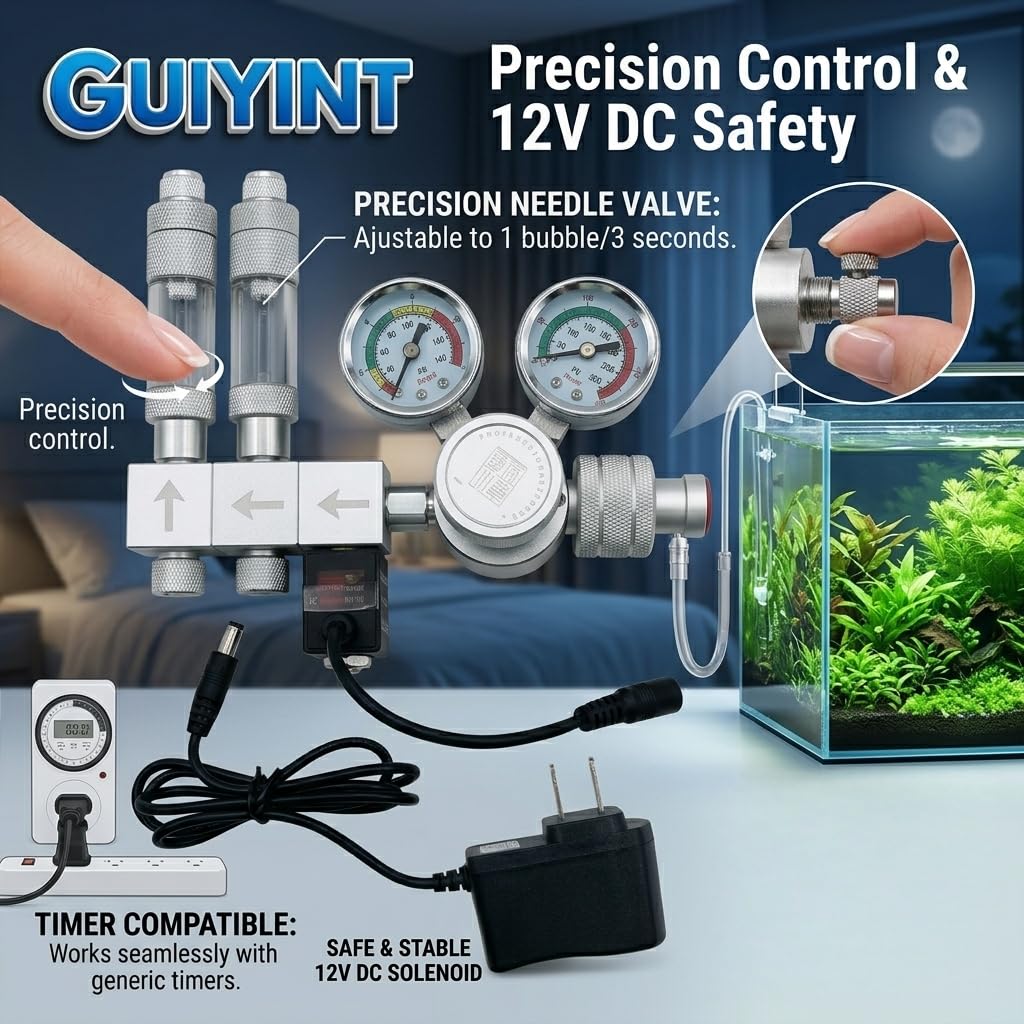 Regulador de CO2 ajustable de doble etapa para acuario, grado profesional con solenoide CC y válvula de aguja de precisión, contador de burbujas para peceras plantadas