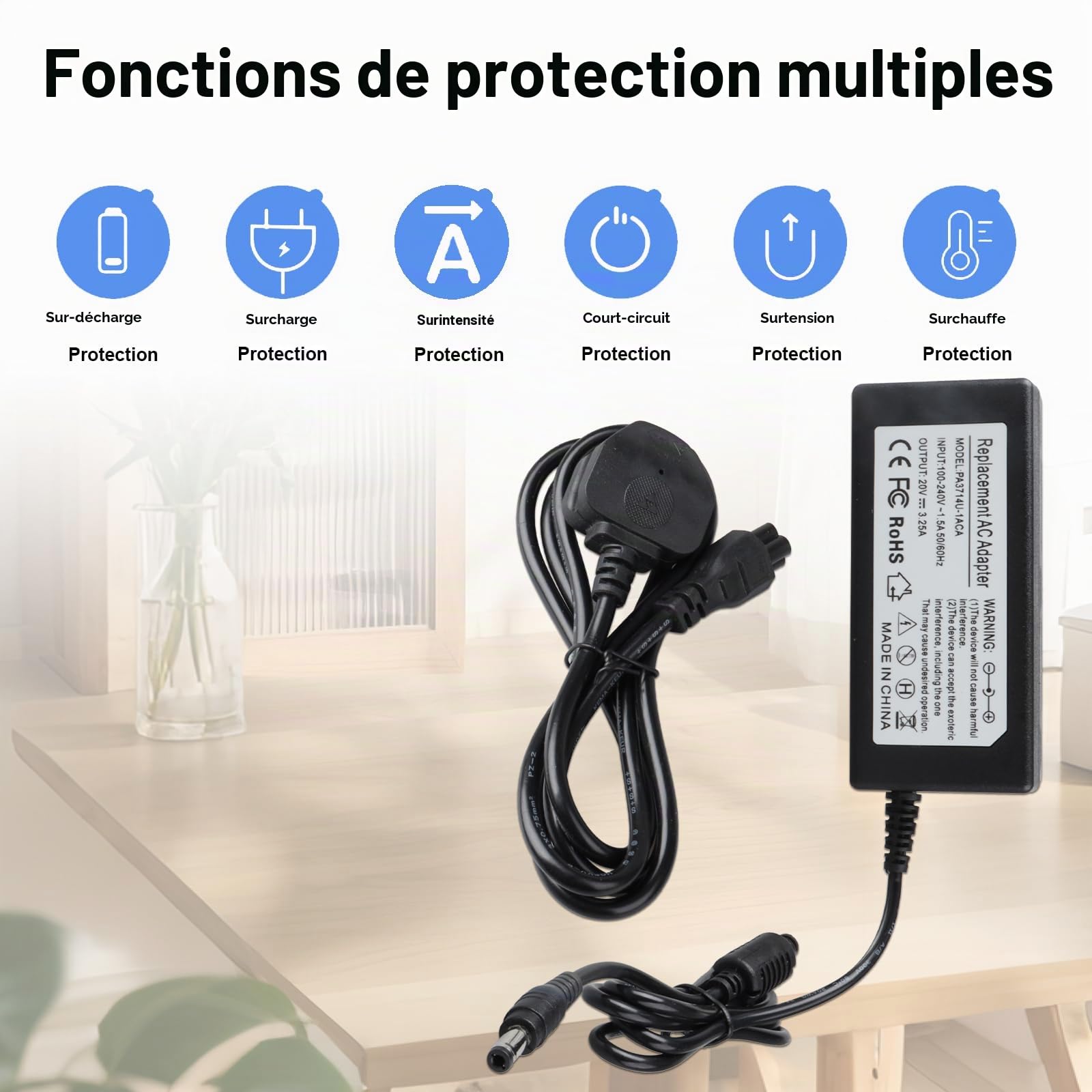 Alimentation MXJFYY 20 V 3,25 A pour Moniteur MSI, Chargeur pour Moniteur de Jeu MSI Optix G271 G272 G241 G241V G2422 G2412 G24C6 G27C5 G24C4 G27C6 G32C4 G32CQ4 ADPC2045 MAG274QFR MAG342CQR G24 G27