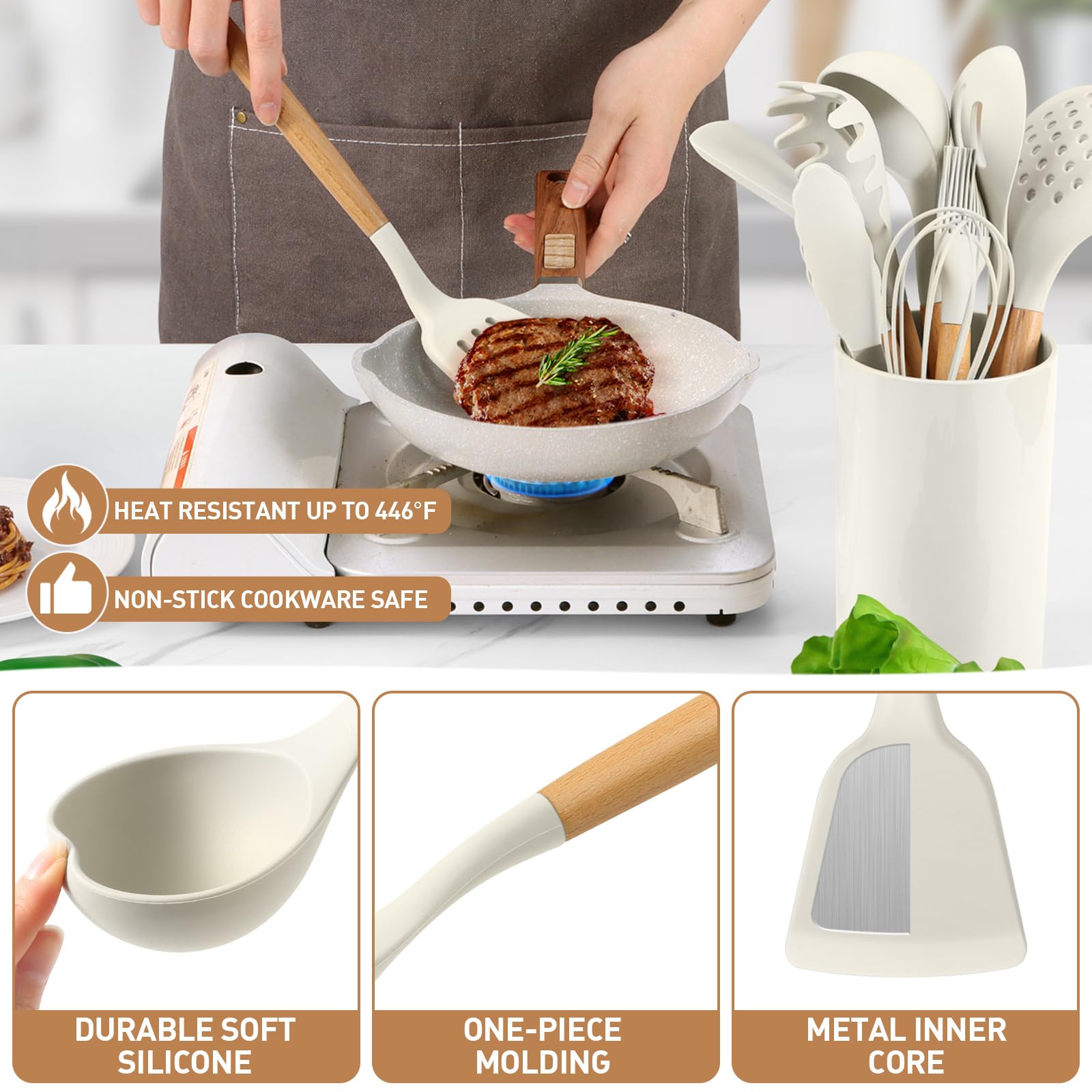 LIANYU Juego de 15 utensilios de cocina de silicona con soporte, resistentes al calor, para utensilios de cocina antiadherentes, juego de espátulas de cucharón no tóxicos con mango de madera, color