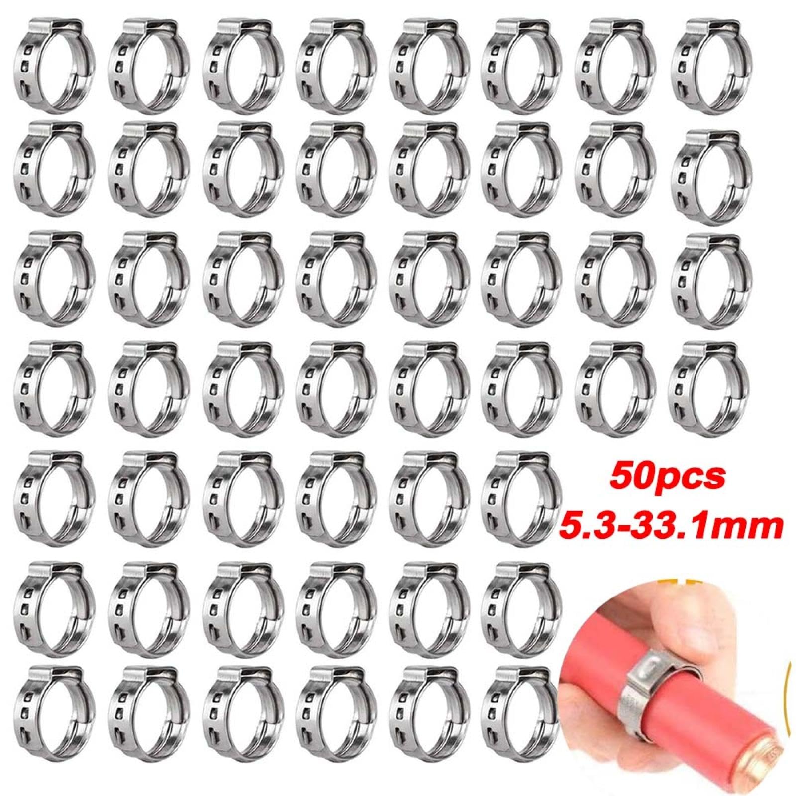 50 abrazaderas de manguera de una sola oreja, sin escalonamiento, de 5,3 mm a 33,1 mm, de acero inoxidable 304 (20,3-23,5 mm)