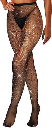 MESU Women Sparkly Rhinestone Fishnets Stockings High Waist Pantyhose
