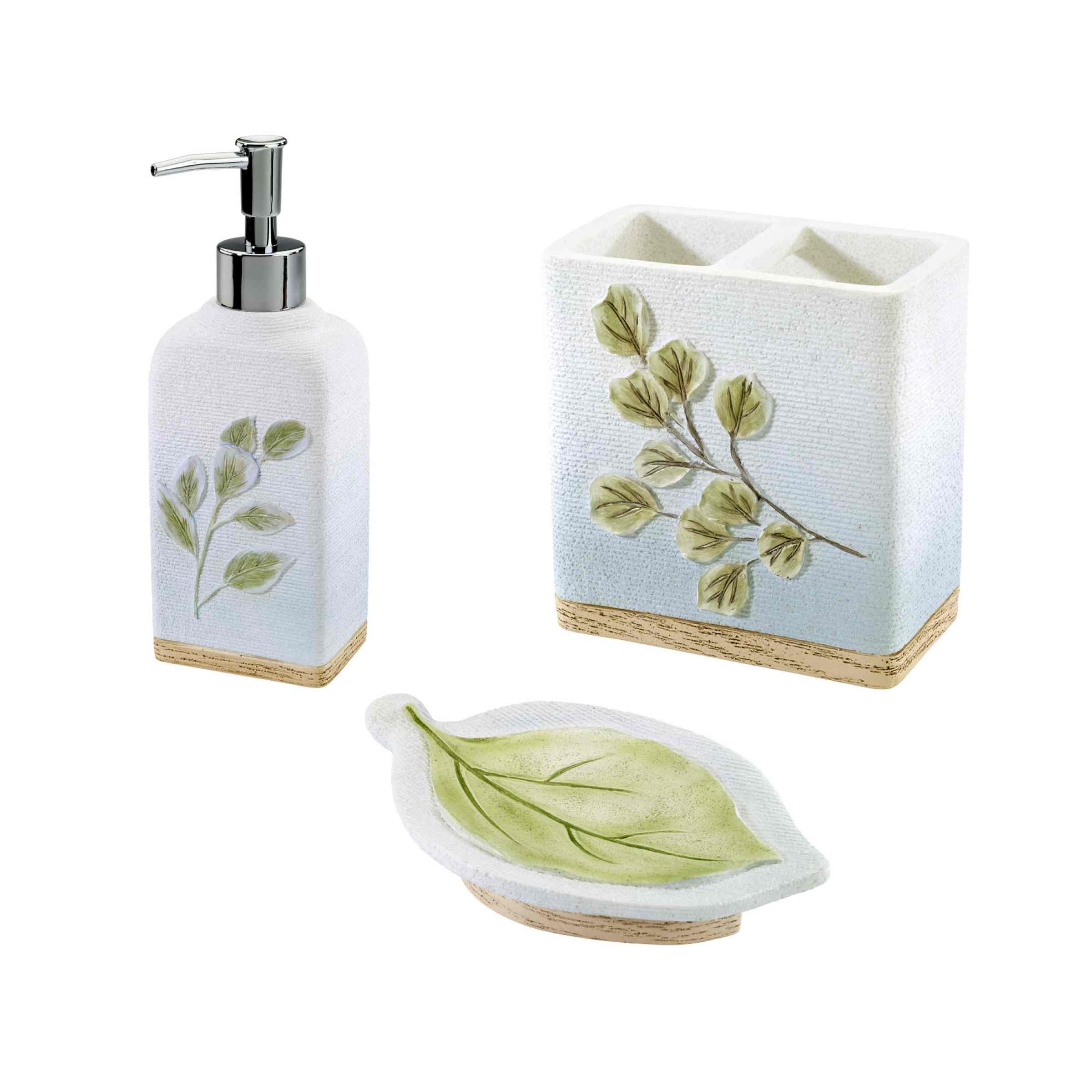 Set Accessori Bagno Avanti Linens Ombre Leaves Collection | Portaspazzolino, Portasapone, Dispenser Sapone In Resina Con Decoro Foglie Blu - 3