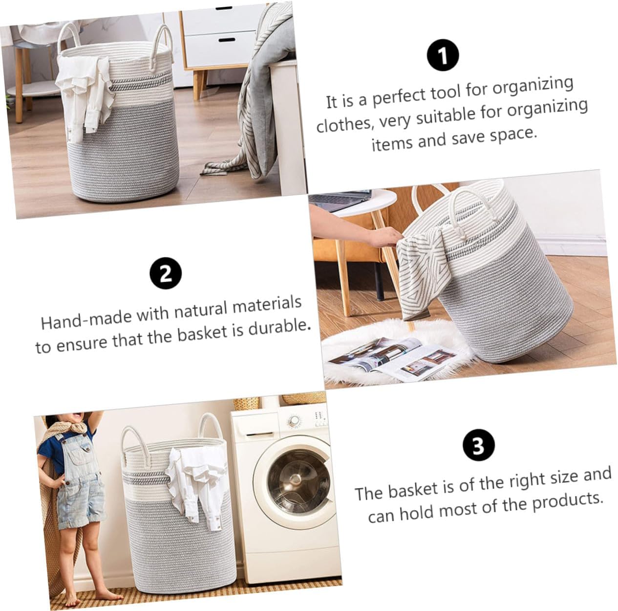 ibasenice Woven Cotton Rope Laundry Basket, Gray and White Straight Cylinder 38x50cm, Handmade Multipurpose Storage Bin for Laundry Room and Bedroom Organization