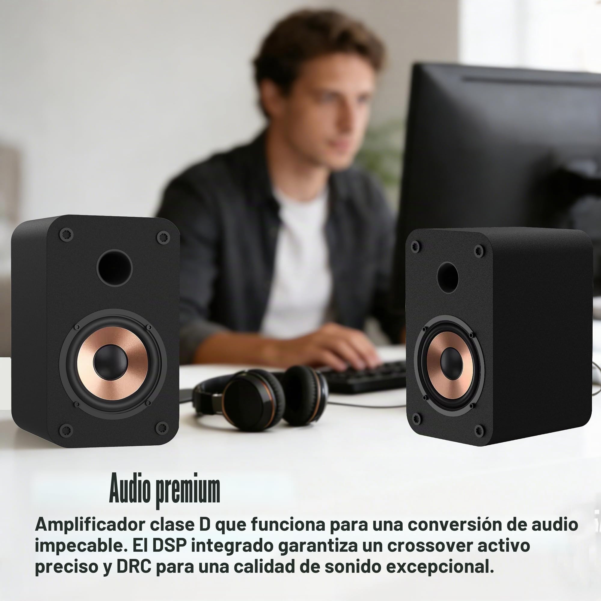 LONPOO Altavoz Compacto para PC de 30 W, Bluetooth, Altavoz de estantería Activo con USB, Entrada Auxiliar, Salida de Auriculares, woofer de 3 Pulgadas, Carcasa de Madera clásica