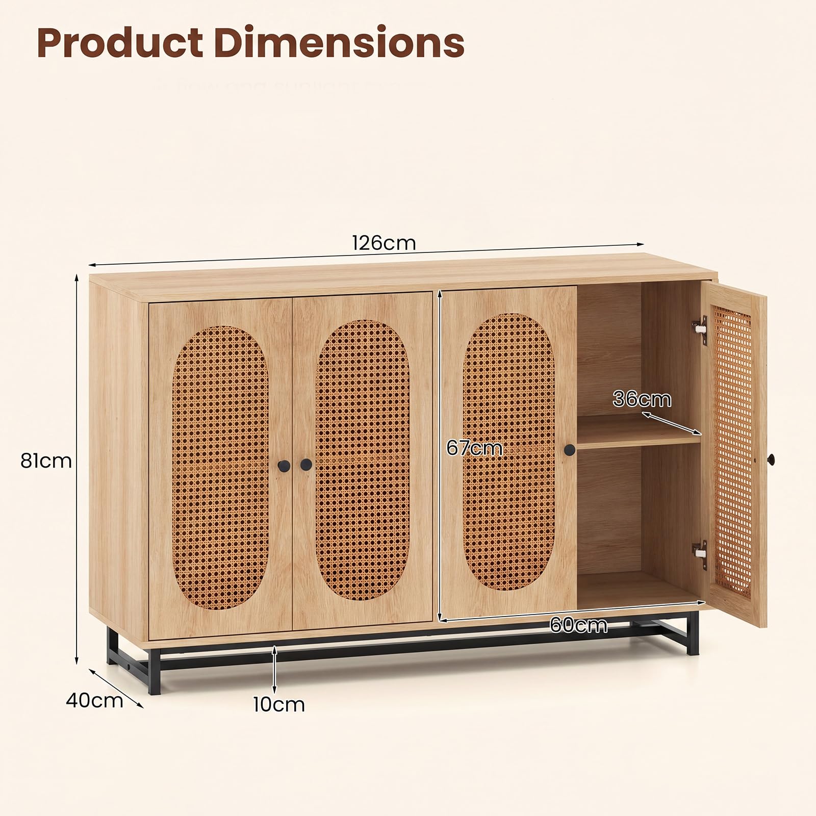 GIANTEX Credenza da Cucina a 4 Ante, con Rattan Decorativo, 126x40x81 cm | Mobile Contenitore Moderno in Legno con Ripiano Regolabile, Dispensa Buffet Lunga e Salvaspazio per Salotto e Ingresso