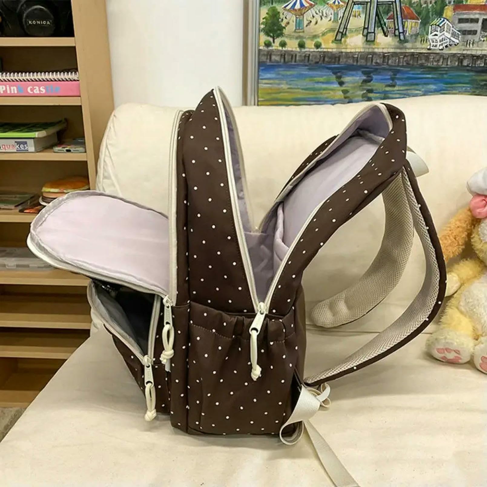 Plecak damski Polka Dot Bow Girls Nylon Anti-Theft Student Torba szkolna Duża pojemność Multi-Compartment Travel Computer Backpack Coffee
