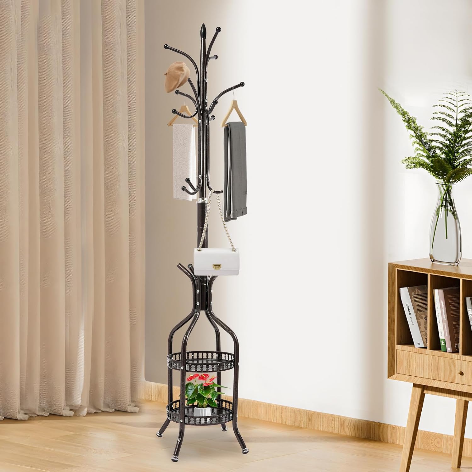 Metal Coat Rack Stand Freestanding Hat Hall Tree Clothes Rack Holder Modern Clothing Garment Hanger Stand with Double Layer Storage Basket and Hooks for Hanging Scarf Bag for Entryway Bedroom (Bronze)