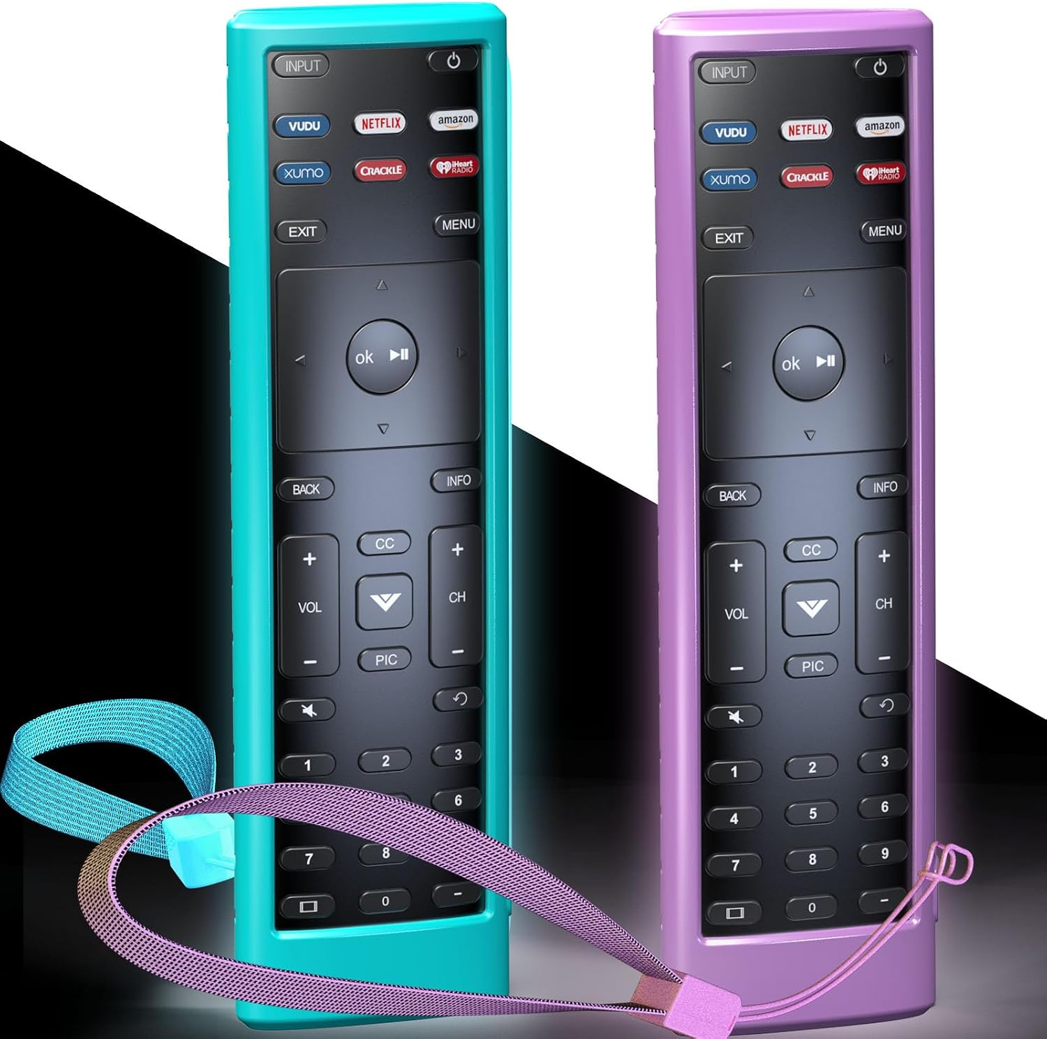2PACK Case Cover for VIZIO XRT136 / XRT140 Smart TV Remote Control Silicone Skin Sleeve with Lanyard Glow in The Dark Purple Blue