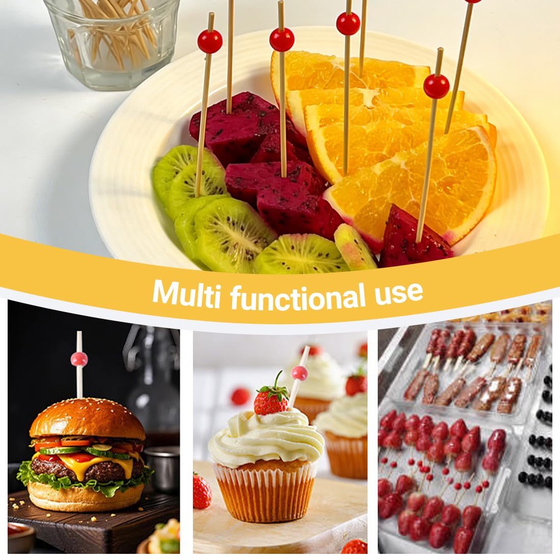 12cm stuzzicadenti cocktail, 100 pezzi, bastoncini da cocktail legno, con perline rosse, stecchini per aperitivo,stuzzicadenti decorativi,per bar,feste di carnevale,feste decorativi