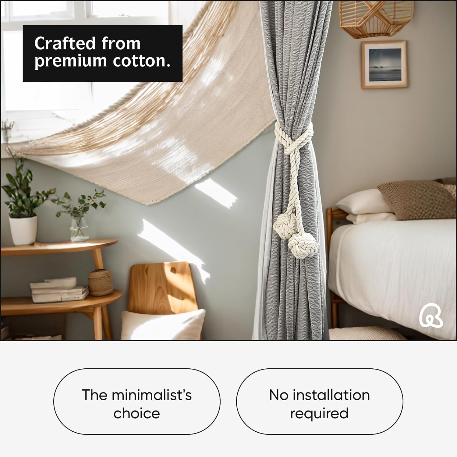 JAZLOG (JAZLOG7664) Boho Curtain Tiebacks with Natural Cotton Rope, 2 Pieces, Beige Black Curtain Curtains with Voile Tie Unique Curtain Ties Designer Grey Tie Ways to Simple Tieback Hooks no Drill 3