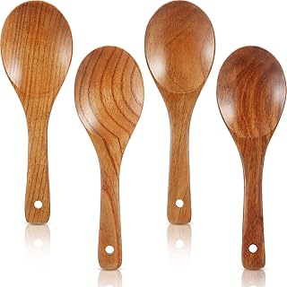 Patelai 4 Pieces 9 Inch Wooden Spoons for Cooking Eating with Long Handle, Nonstick Heat-resistant Serving Salad Stirring Soup Rice Paddle for Serving Kitchen Cooking Home Table Scooper