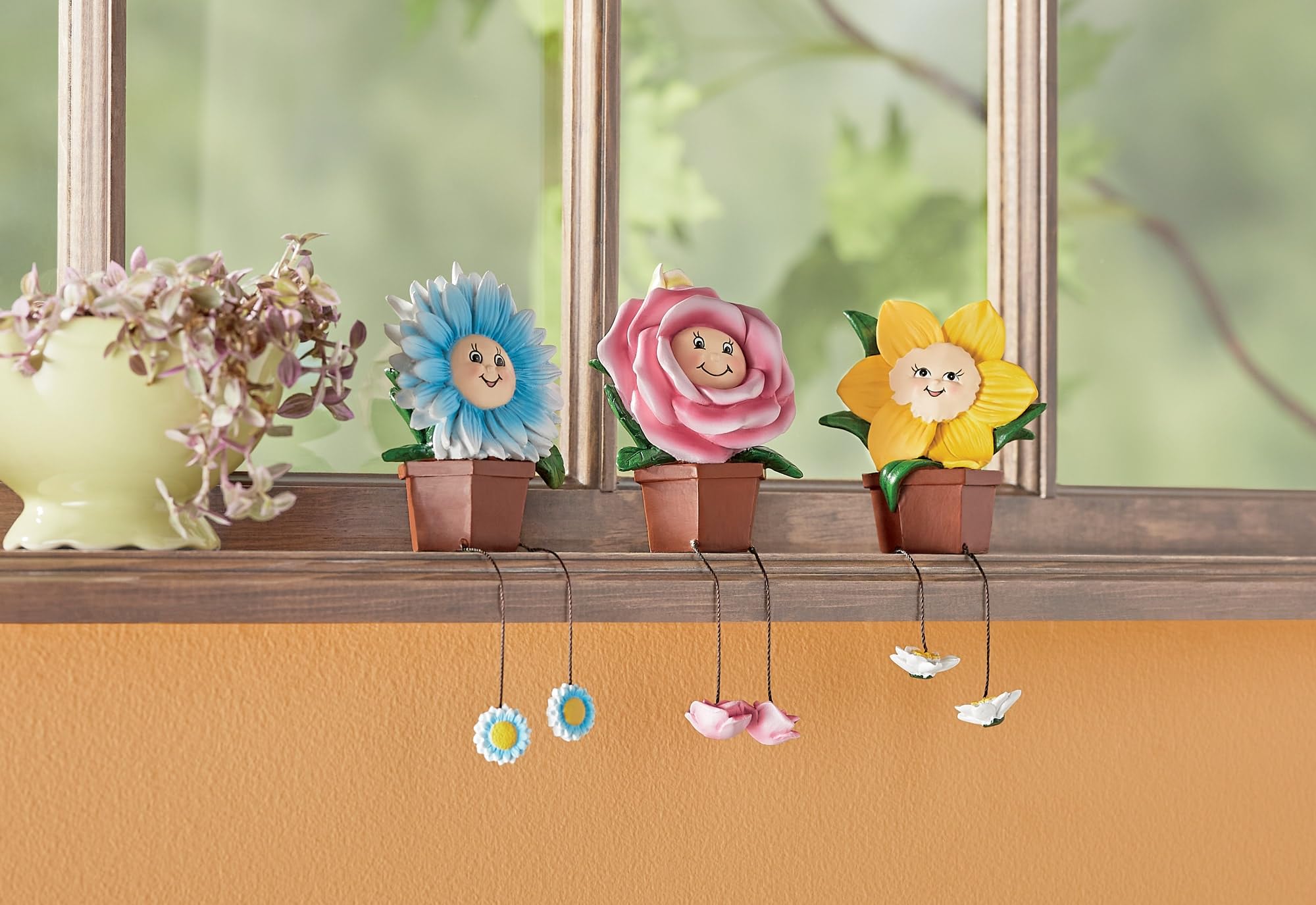 Montgomery Ward 3-Piece Smiling Face Flower Shelf Sitters Set, Blue Daisy, Pink Rose & Yellow Sunflower