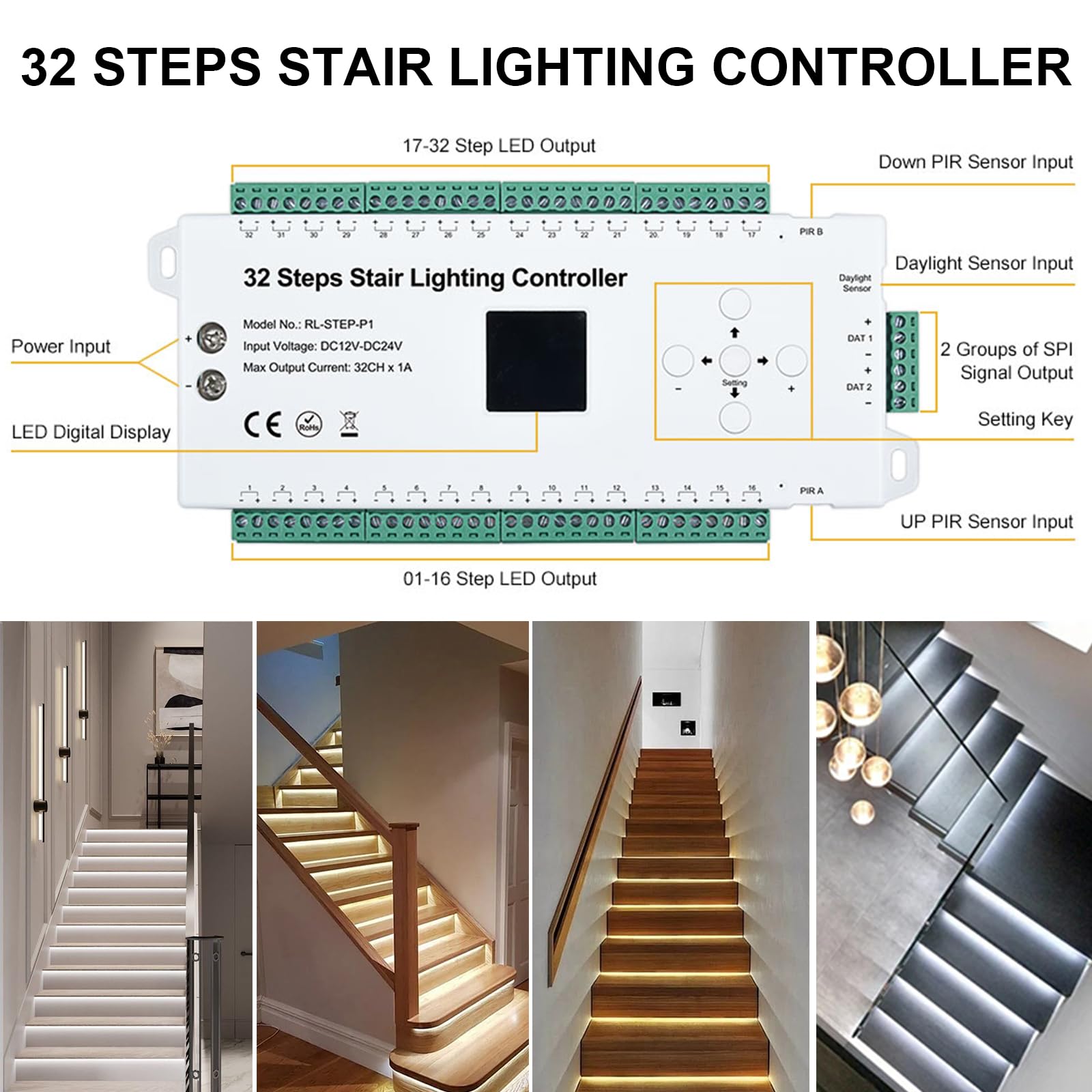 32CH PIR Sensor Controlador de luz de escalera Cuerpo - Interruptor inductivo infrarrojo, interruptor de panel, controlador infrarrojo de 32 pasos, controlador de iluminación de escalera LED