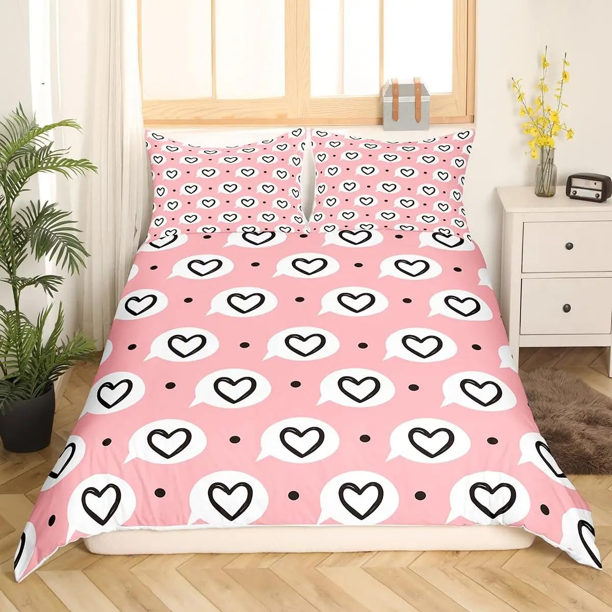 Housse de couette motif cœur noir et blanc rose pour rafraîchir la décoration de chambre